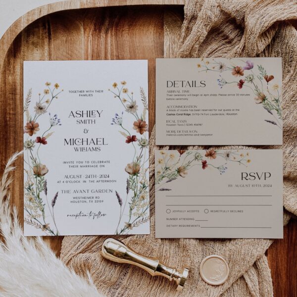Floral Wedding invitation set, Floral Wedding invitation set with boho wildflowers - LovelyTemplatesCo