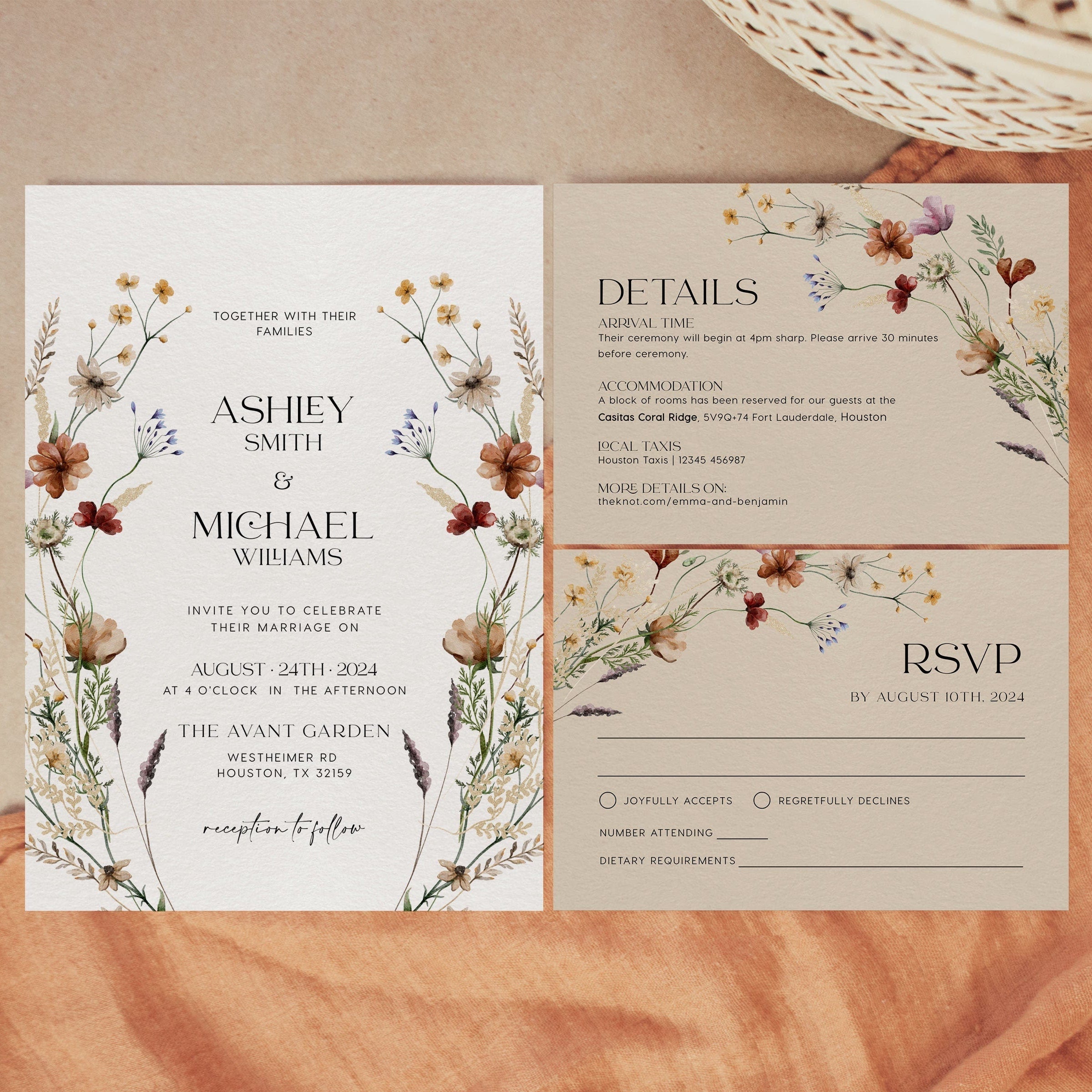 Floral Wedding invitation set with boho wildflowers - LovelyTemplatesCo