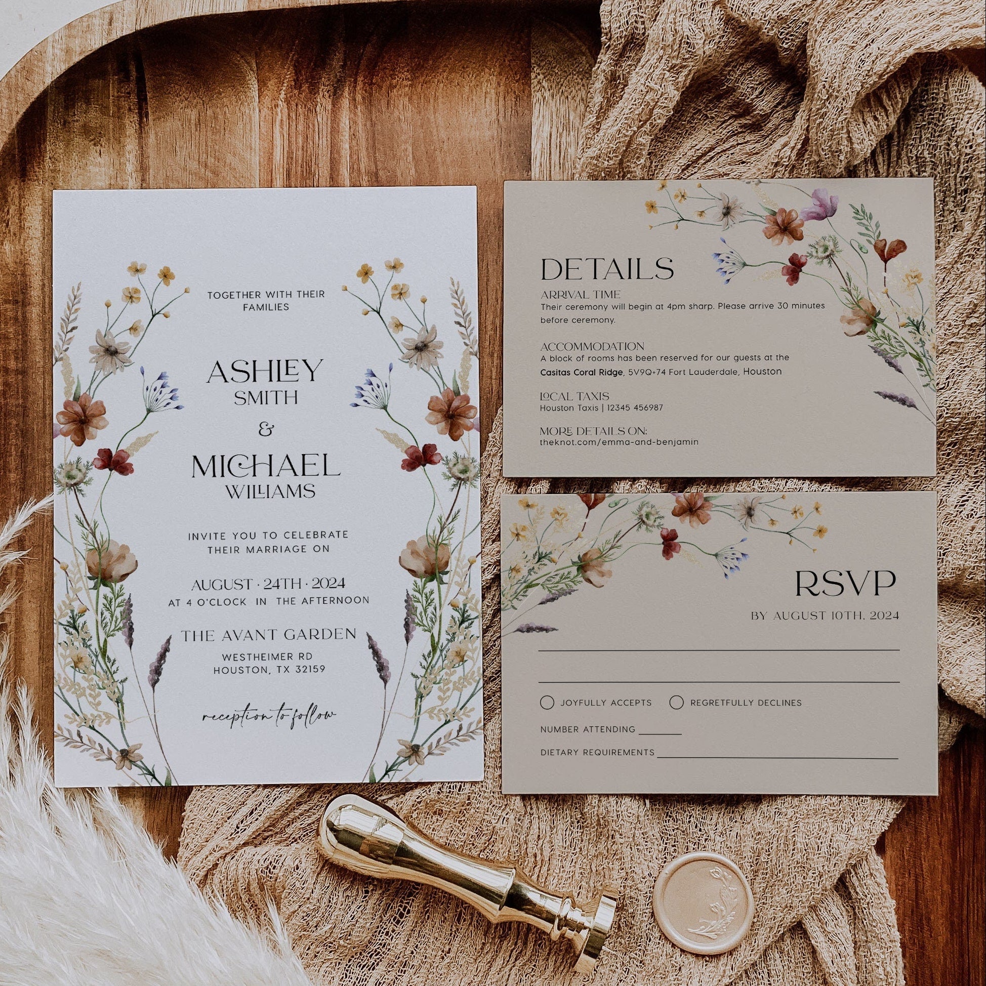Floral Wedding invitation set with boho wildflowers - LovelyTemplatesCo
