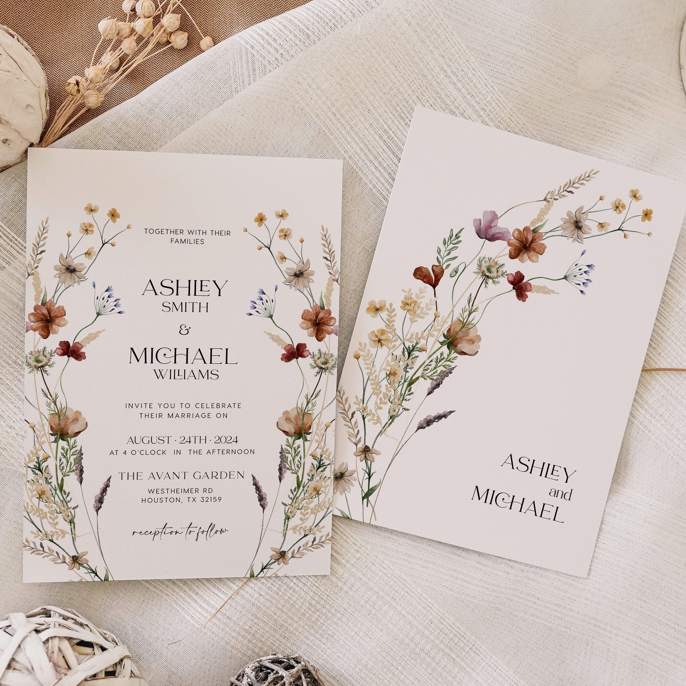 Floral Wedding invitation set with boho wildflowers - LovelyTemplatesCo