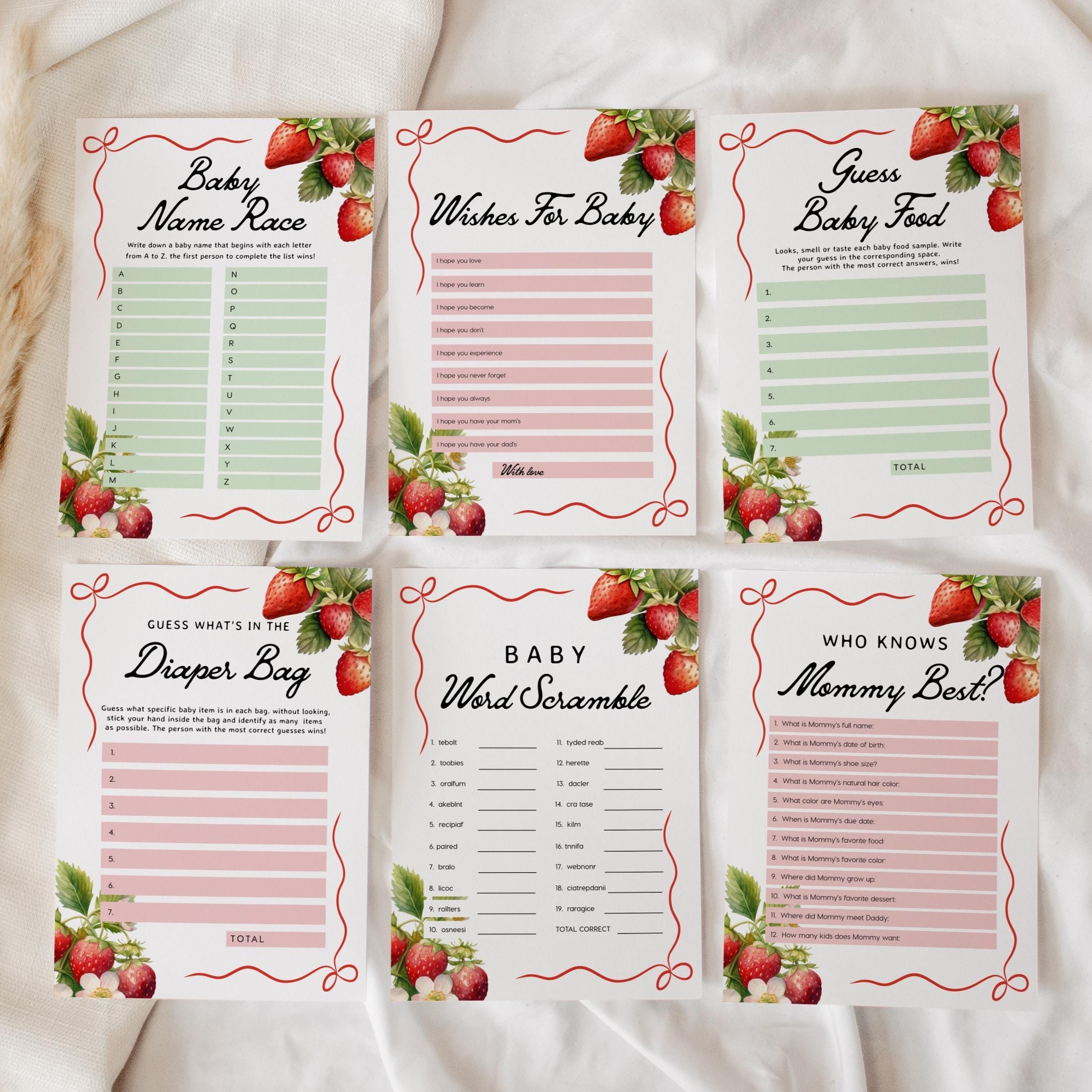 Games Bundle Templates | Strawberry Baby Shower Games Bundle - LovelyTemplatesCo