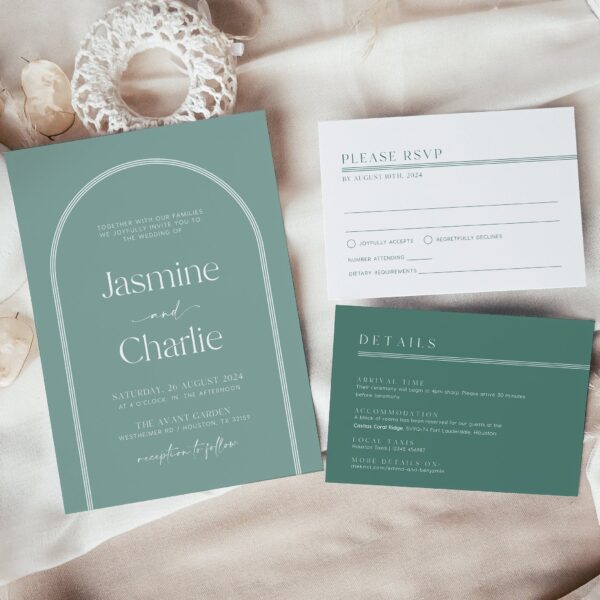 Green Arched Wedding Invitation, Sage green wedding invitation set - LovelyTemplatesCo