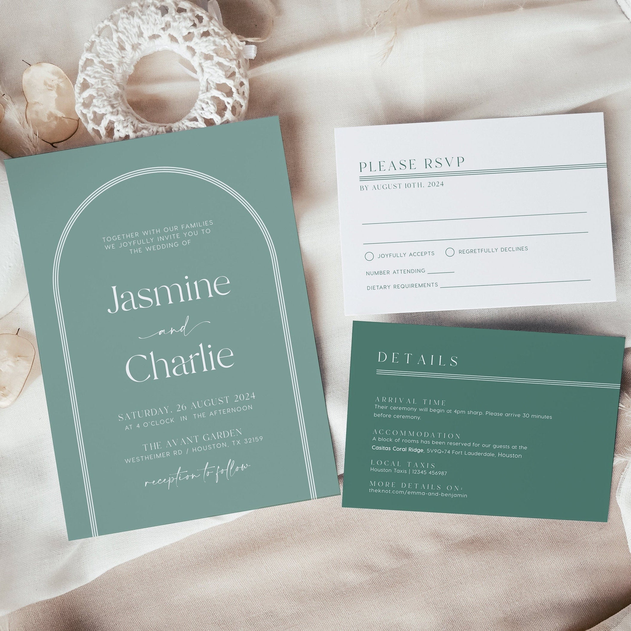 Green Arched Wedding Invitation, Sage green wedding invitation set - LovelyTemplatesCo