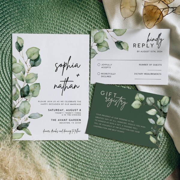 Greenery wedding invitation set, Eucalyptus greenery invitation set - LovelyTemplatesCo