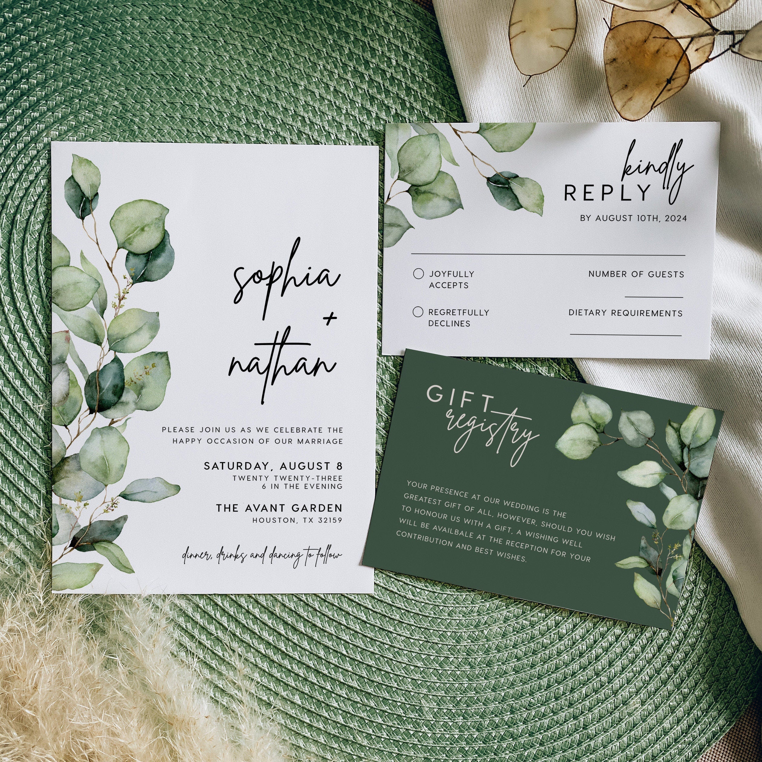 Greenery wedding invitation set, Eucalyptus greenery invitation set - LovelyTemplatesCo