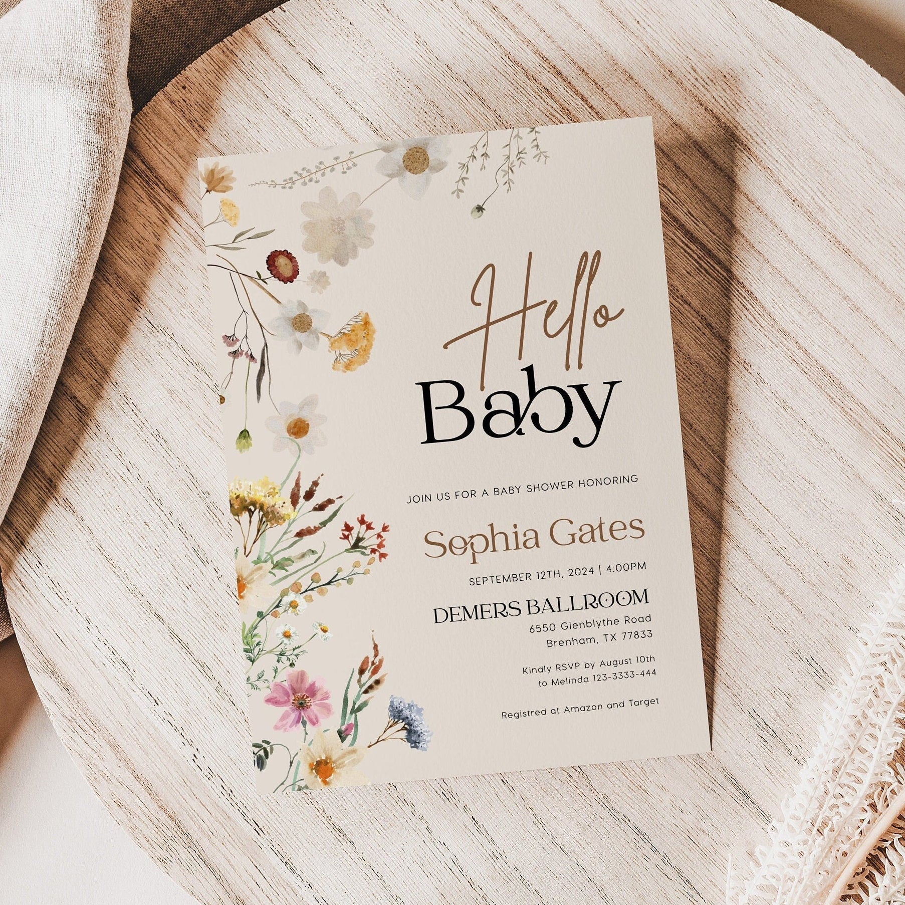 Hello Baby invitation, Gender neutral invitation, Wildflower baby shower invitation - LovelyTemplatesCo