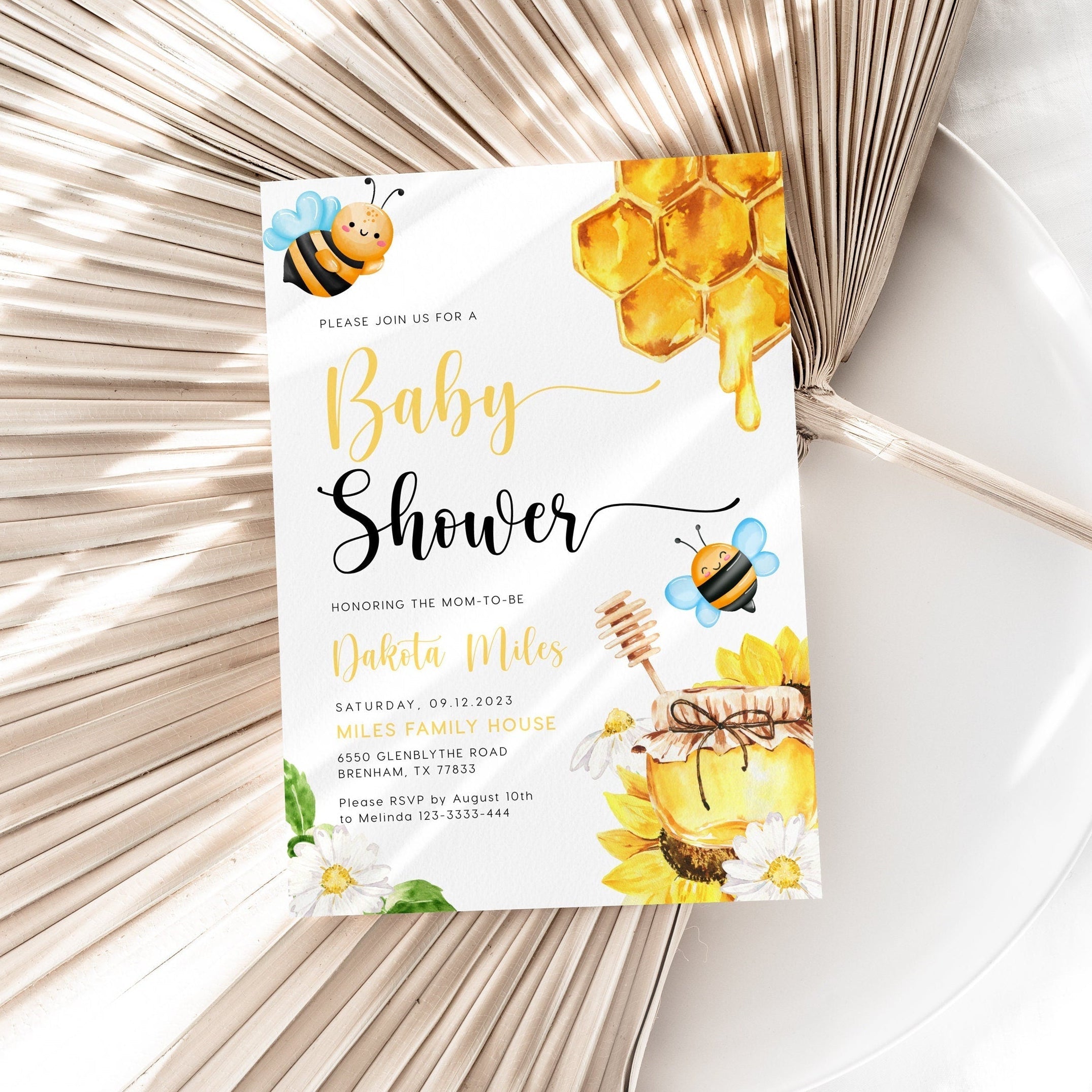 Honey Bee and Sunflower Baby Shower Invitation - LovelyTemplatesCo