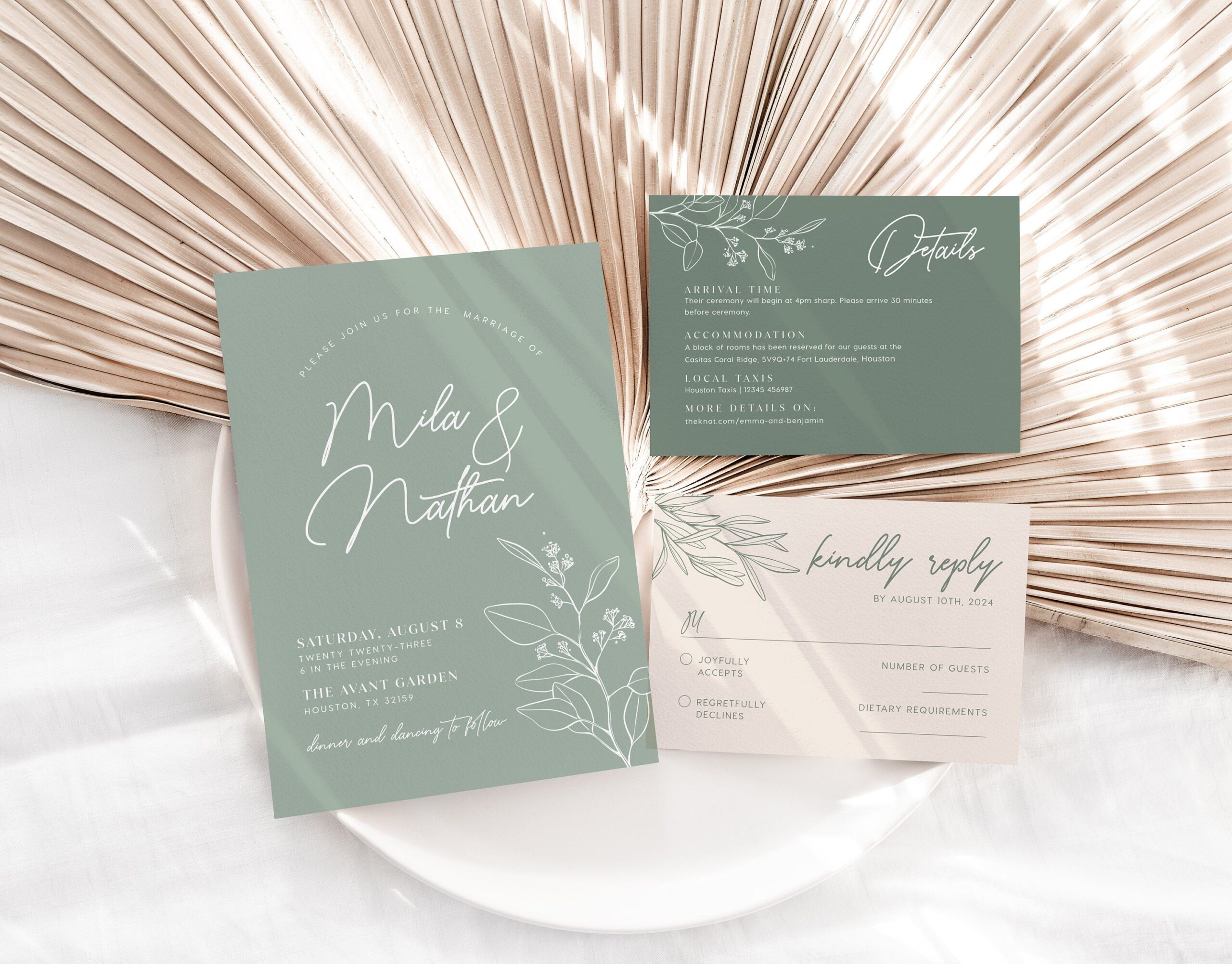 Minimalist Sage Green Wedding Invitation set - LovelyTemplatesCo