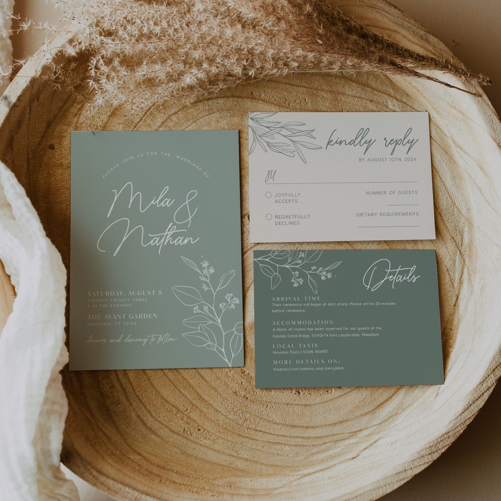 Minimalist Sage Green Wedding Invitation set - LovelyTemplatesCo