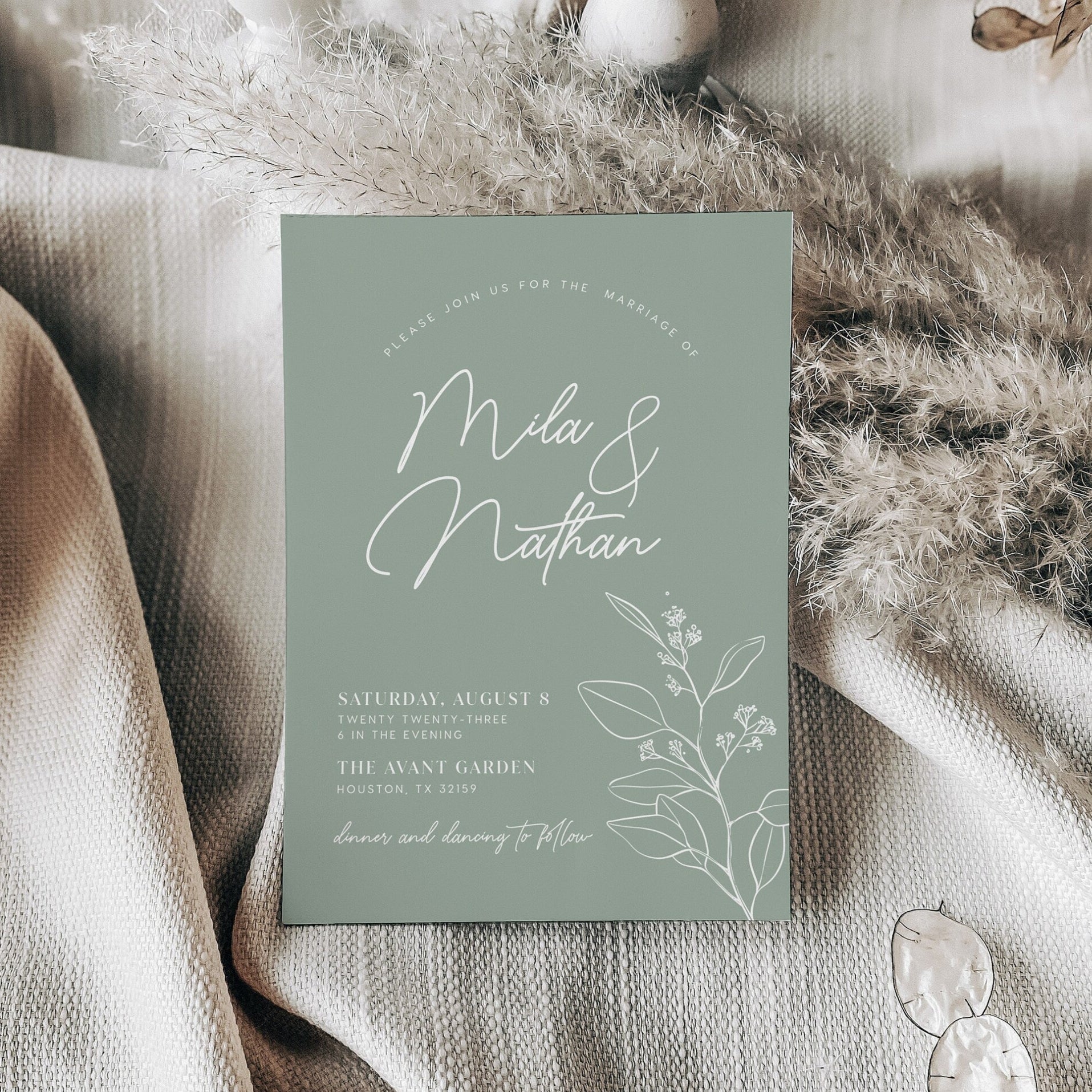Minimalist Sage Green Wedding Invitation set - LovelyTemplatesCo