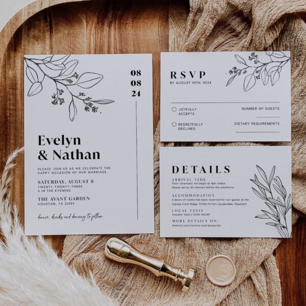 Minimalist Wedding invitation, Botanical Wedding invitation - LovelyTemplatesCo