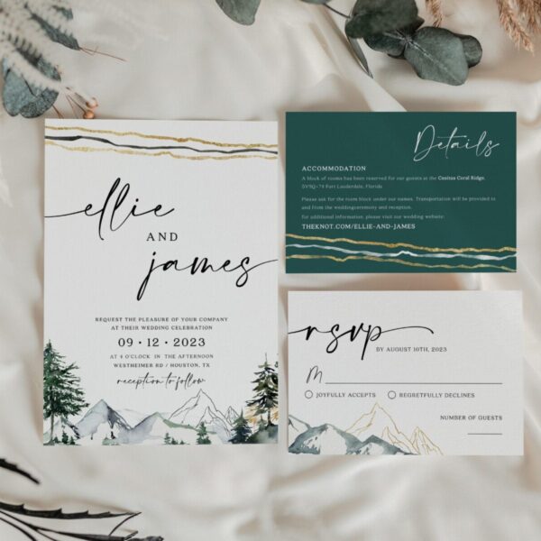 Mountains wedding invitation, Pine forest and mountains invitation set, Winter Wedding invitation template - LovelyTemplatesCo