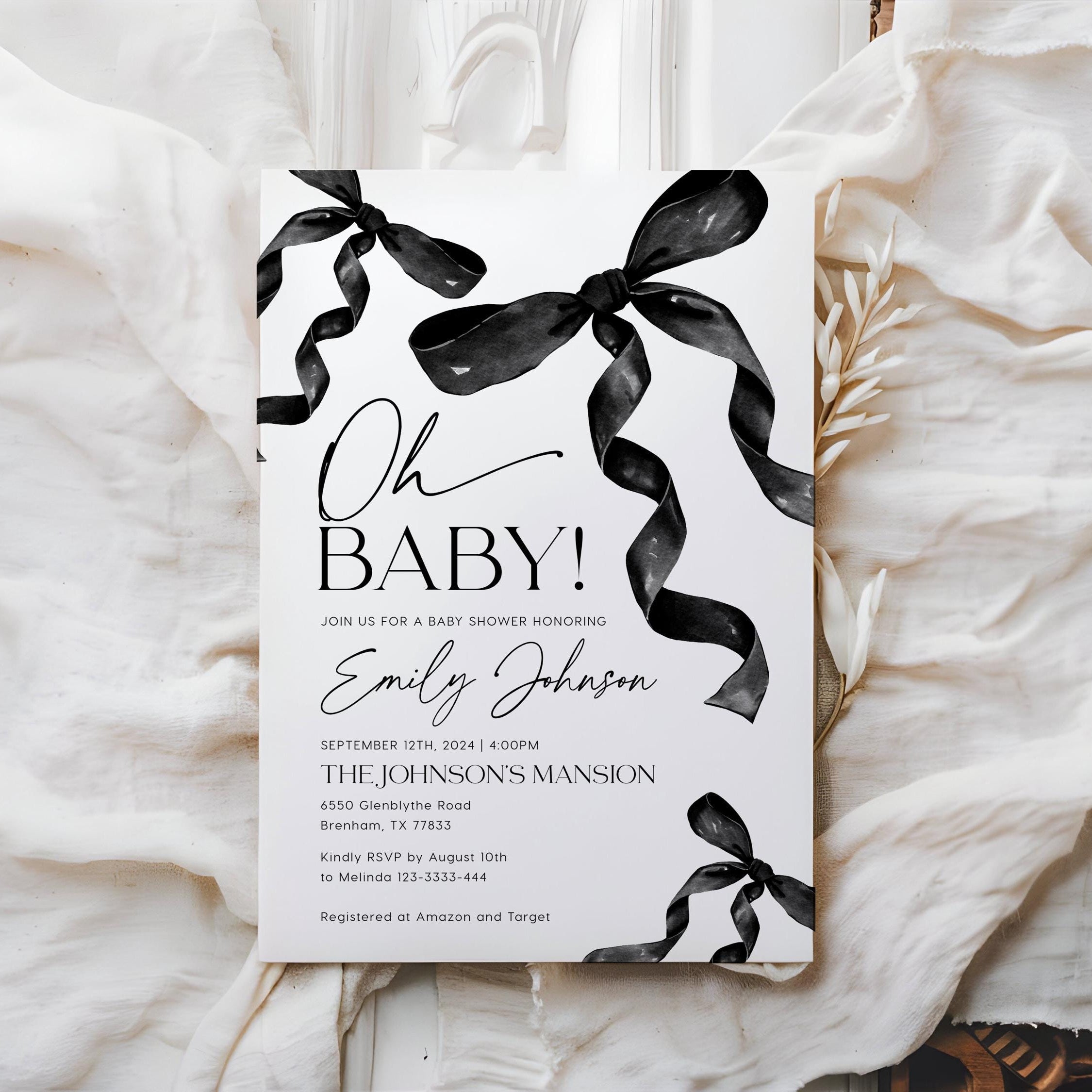 Oh Baby Invitation | Baby Shower Invitation | Coquette Bow Invitation - LovelyTemplatesCo
