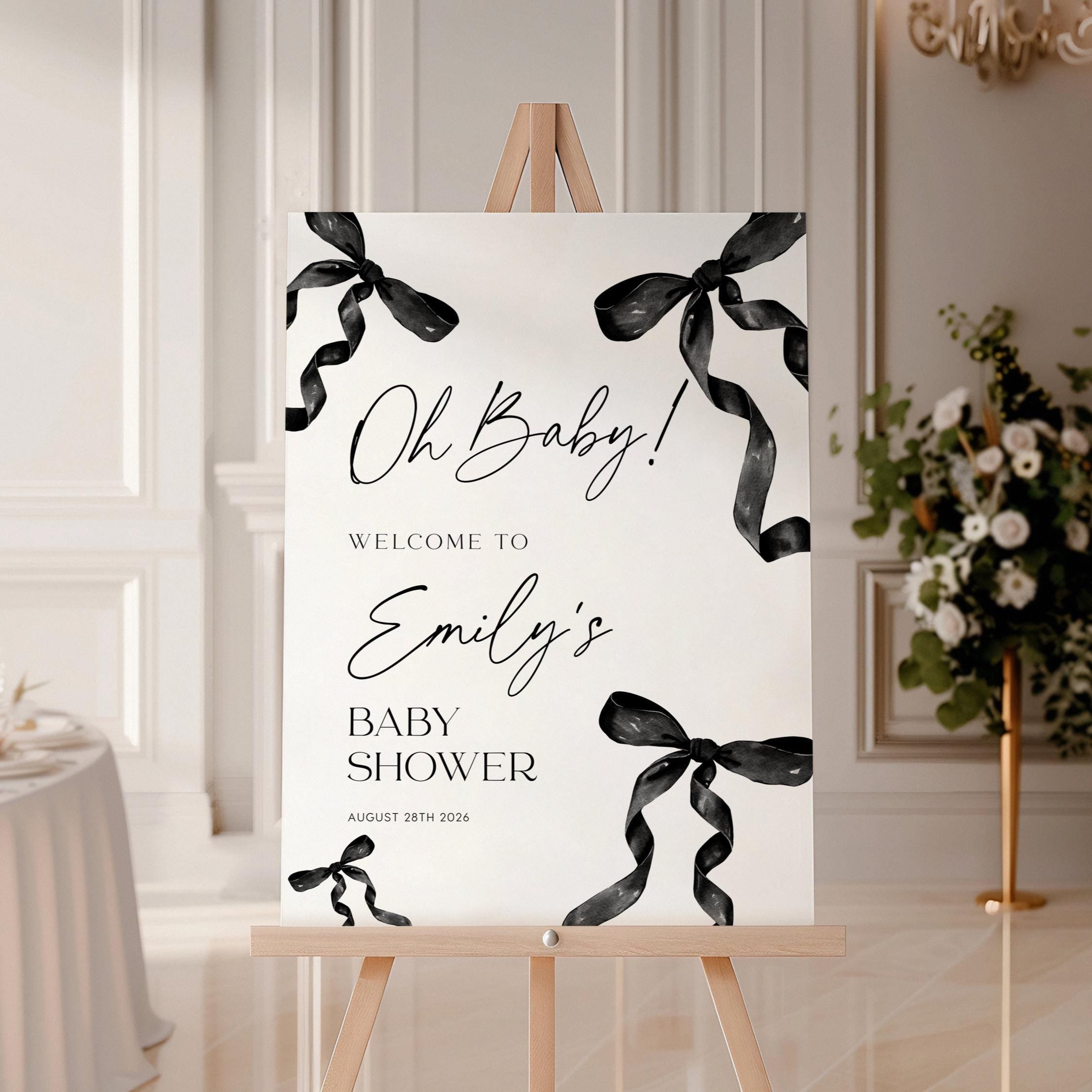 Oh Baby Sign | Baby Shower Welcome Sign | Black Coquette Bow - LovelyTemplatesCo