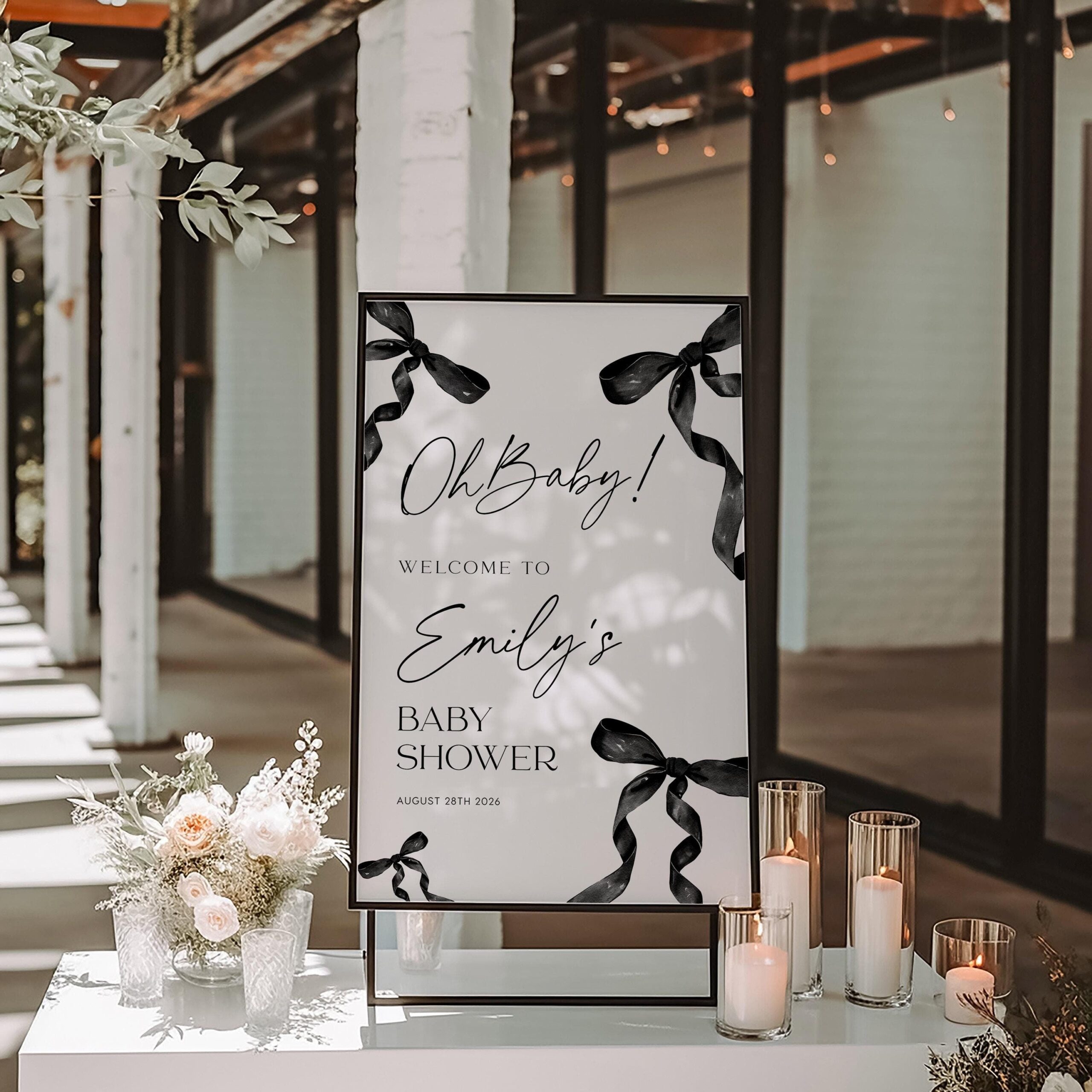 Oh Baby Sign | Baby Shower Welcome Sign | Black Coquette Bow - LovelyTemplatesCo
