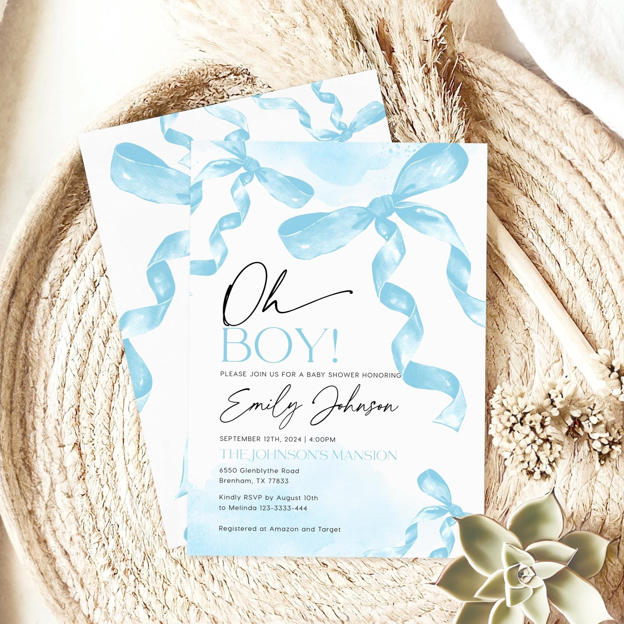 Oh Boy Invitation | Blue Bow Baby Shower - LovelyTemplatesCo