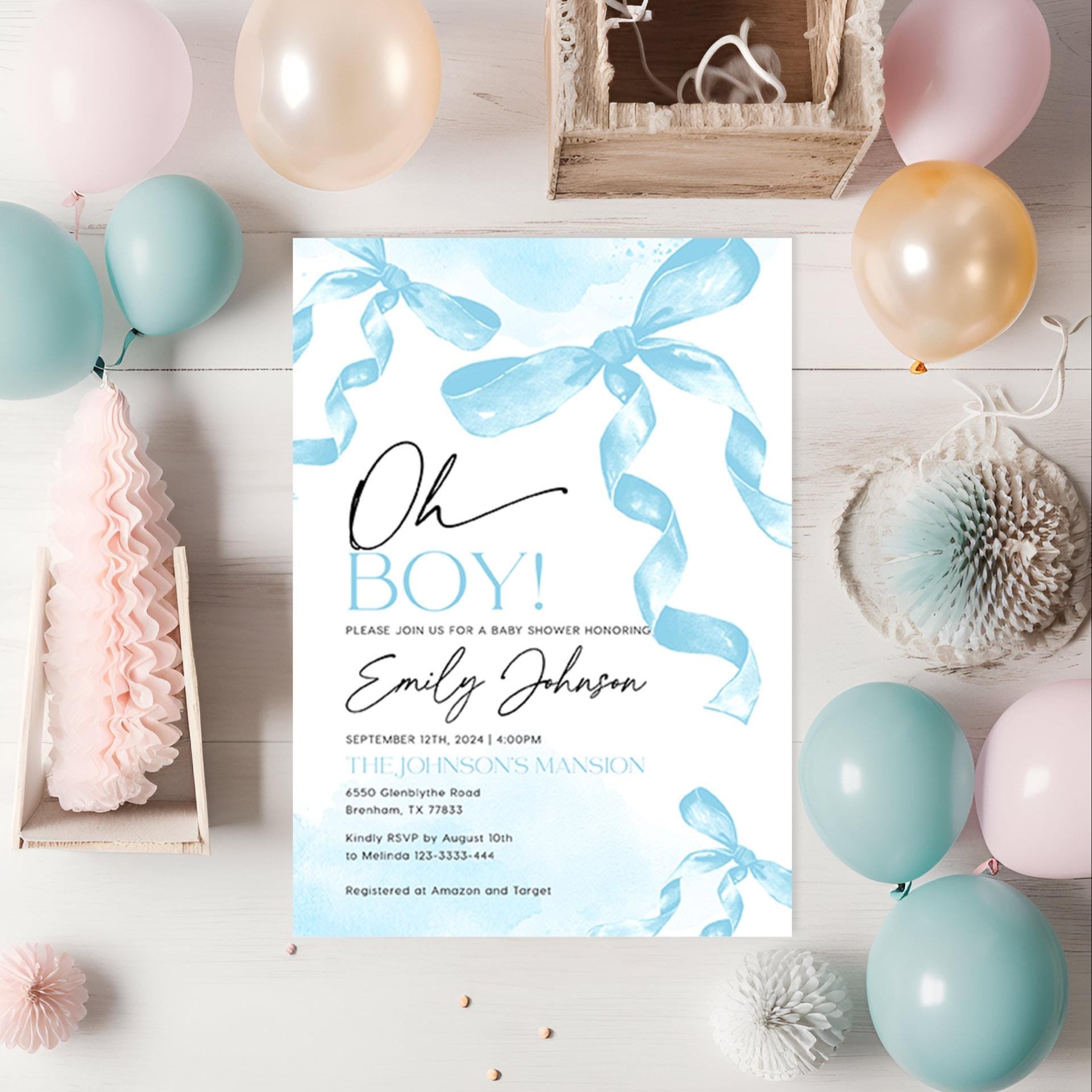 Oh Boy Invitation | Blue Bow Baby Shower - LovelyTemplatesCo