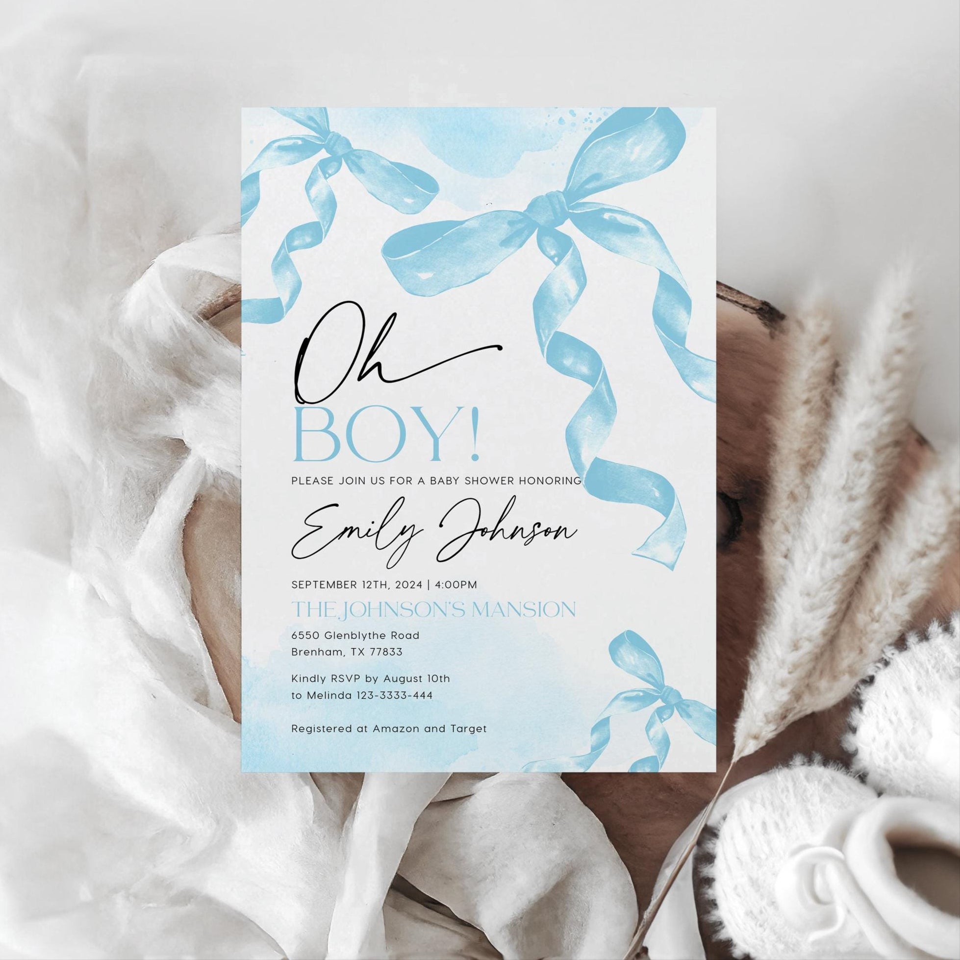 Oh Boy Invitation | Blue Bow Baby Shower - LovelyTemplatesCo