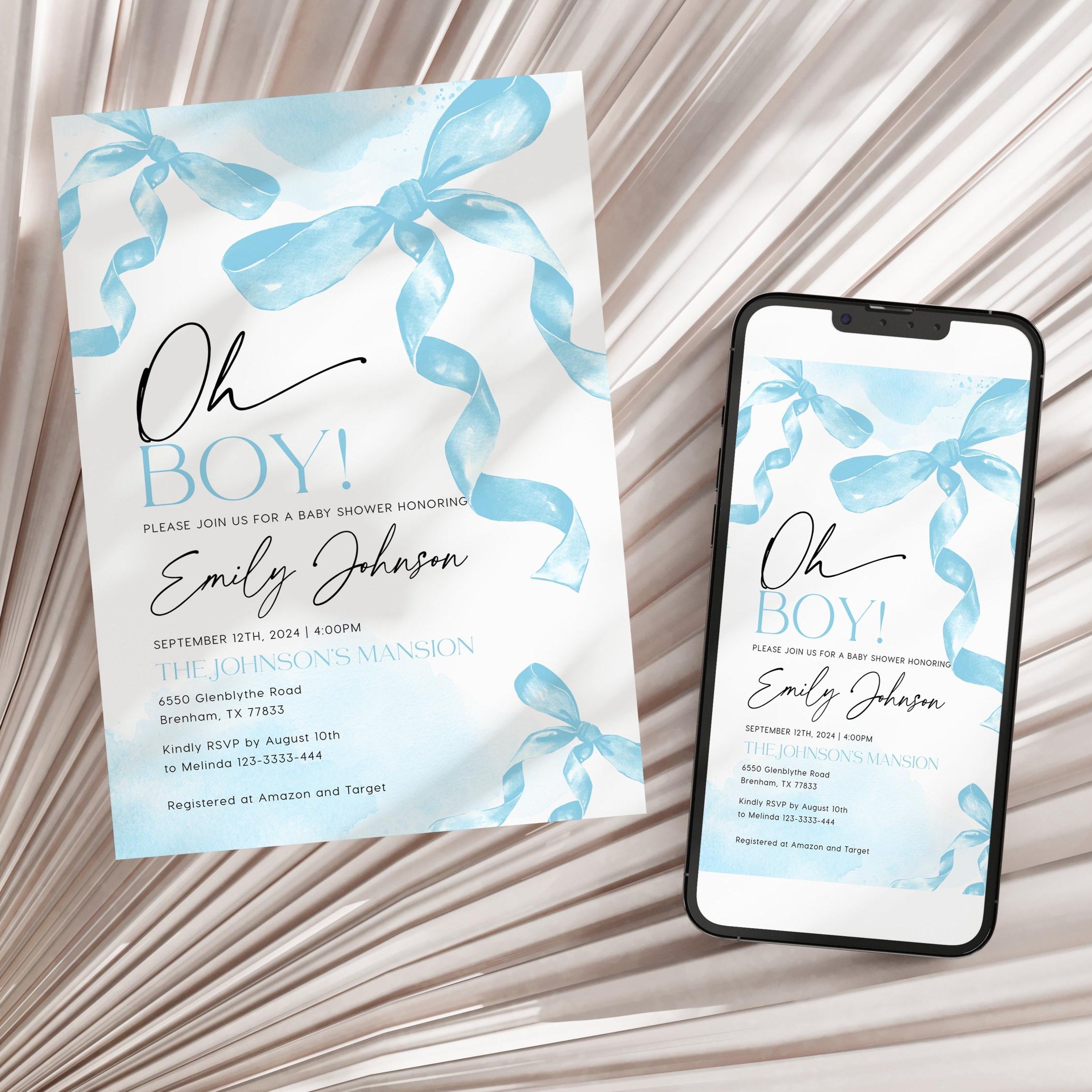 Oh Boy Invitation | Blue Bow Baby Shower - LovelyTemplatesCo
