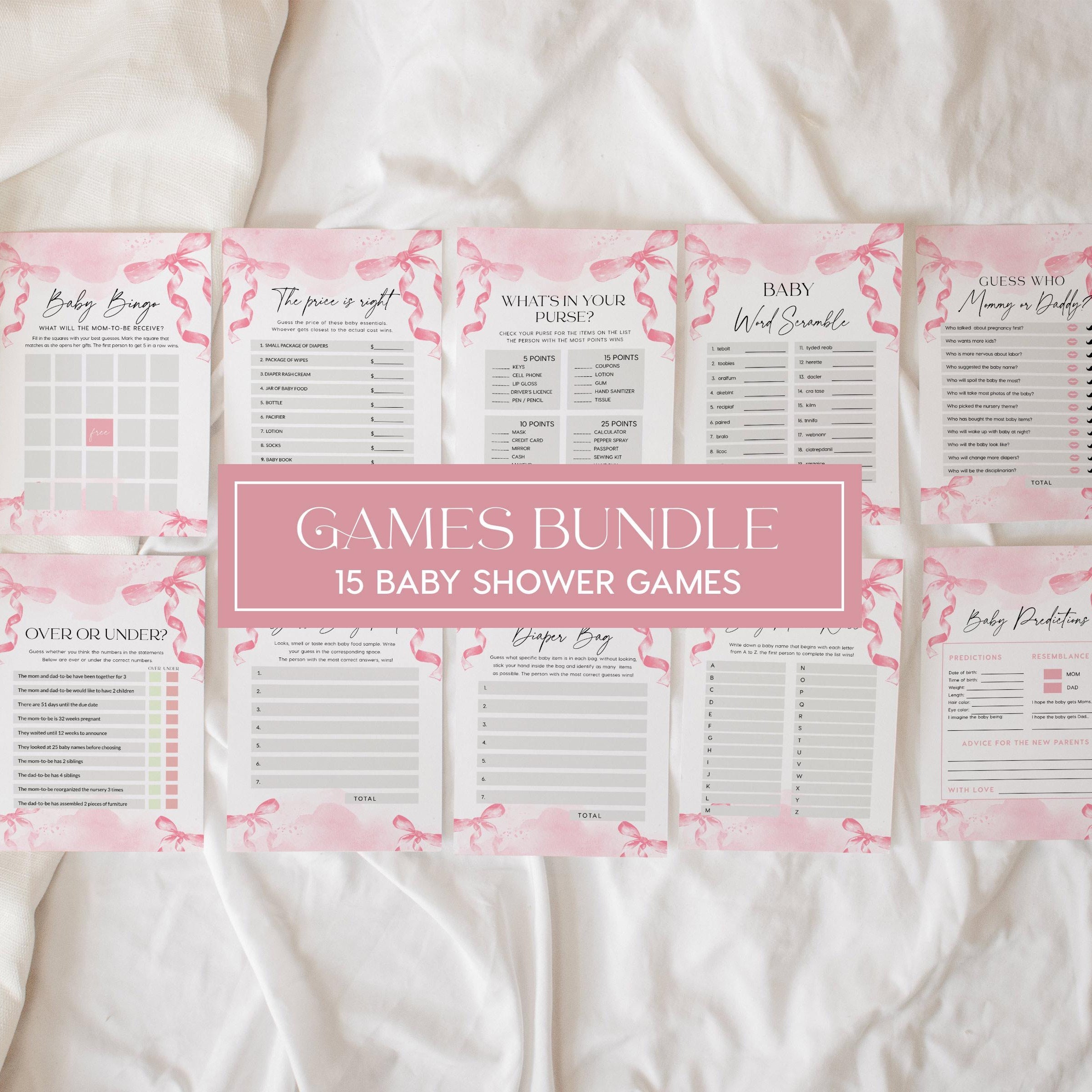 Pink Baby Shower Games Bundle, Minimalist Pink Bow Baby Shower Games cards, 15 games included - LovelyTemplatesCo