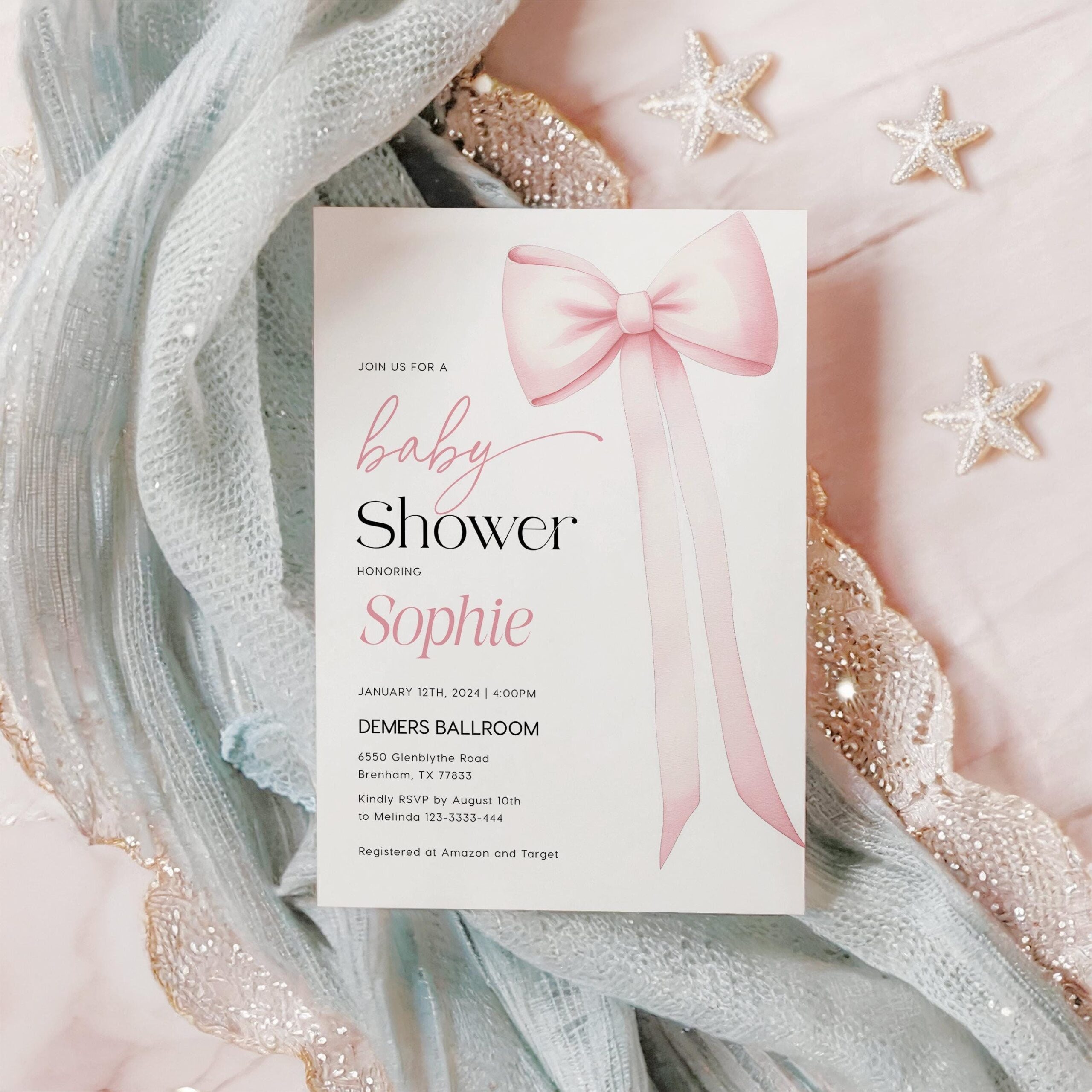 Pink Bow Baby Shower invitation, Baby Shower invitation template - LovelyTemplatesCo