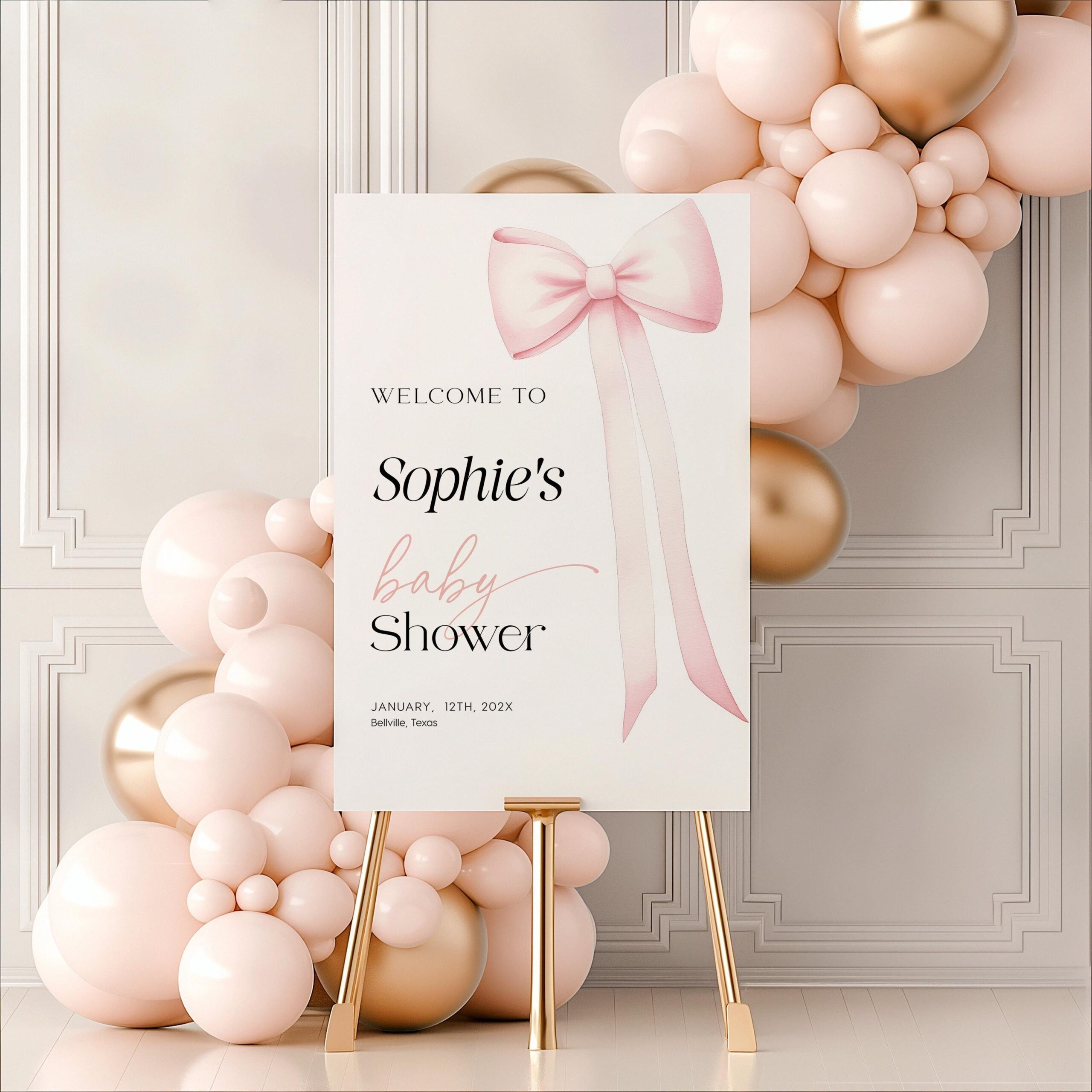 Pink Bow Baby Shower Welcome Sign - LovelyTemplatesCo