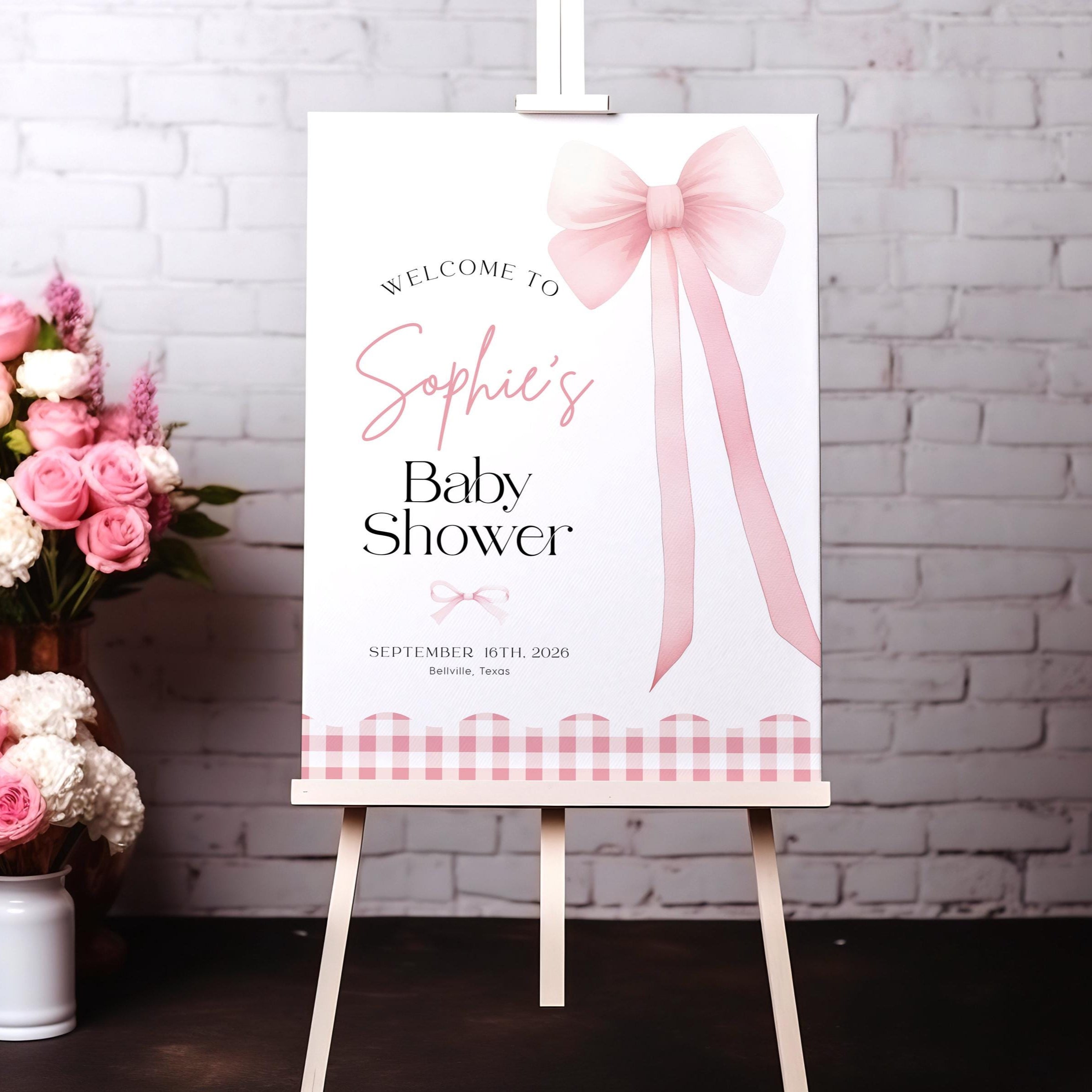 Pink Croquette Bow Baby Shower Welcome Sign - LovelyTemplatesCo