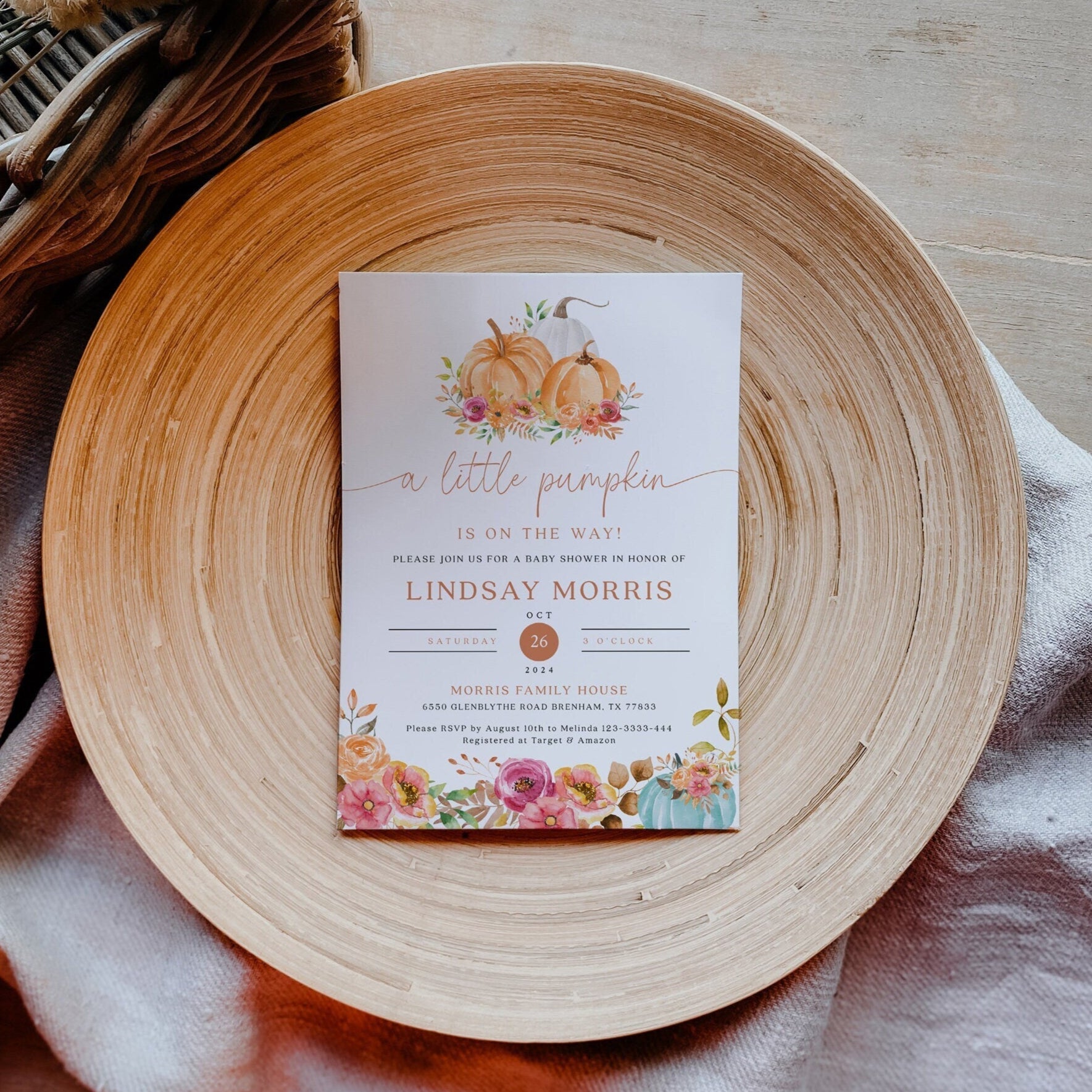 Pumpkin baby shower Invitation template, Fall baby shower invitation - LovelyTemplatesCo