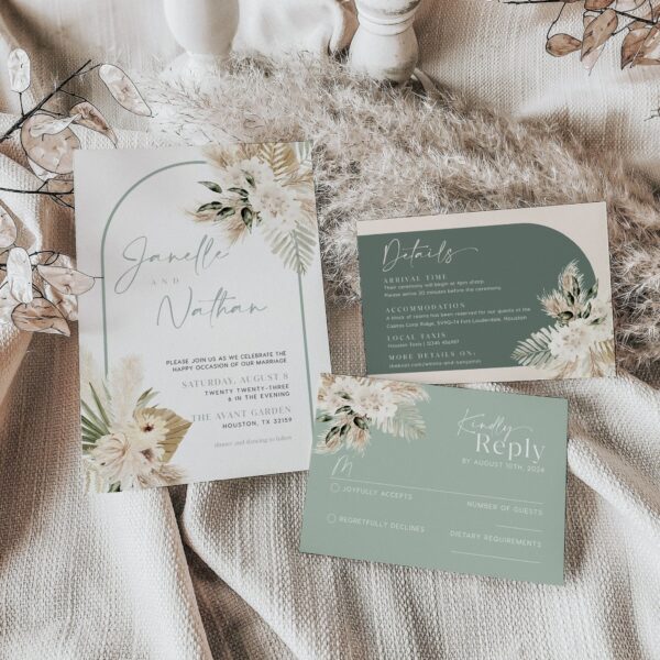 Sage Green Wedding Invitation, Boho Arch Invitation set - LovelyTemplatesCo