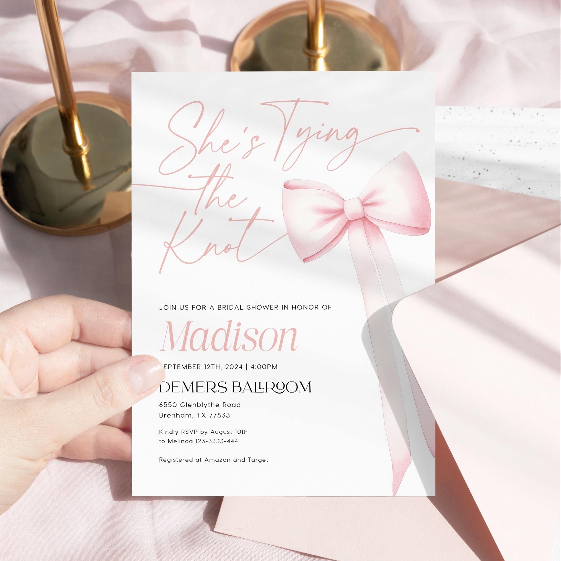 She's Tying The Knot Invitation, Bridal Shower Invitation template with bow - LovelyTemplatesCo