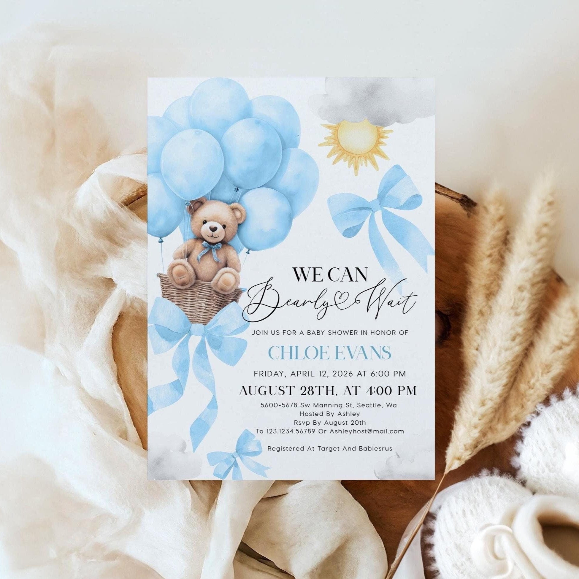 Teddy Bear Invitation | Baby Shower Invitation | We Can Bearly Wait | Boy Baby Shower - LovelyTemplatesCo