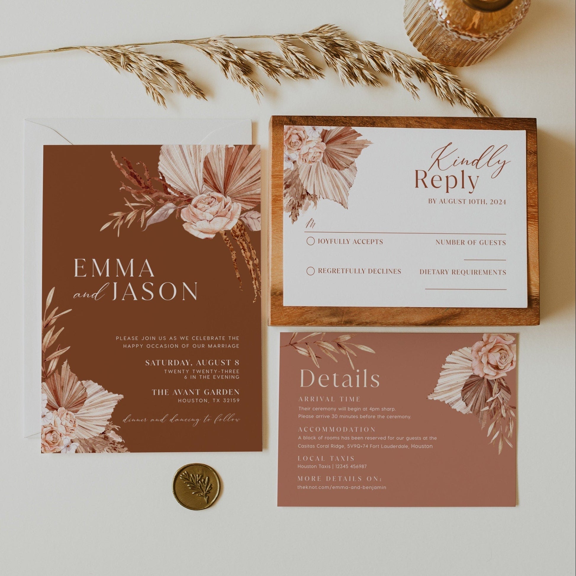 Terracotta Wedding Invitation template, Pampas wedding invitation set - LovelyTemplatesCo