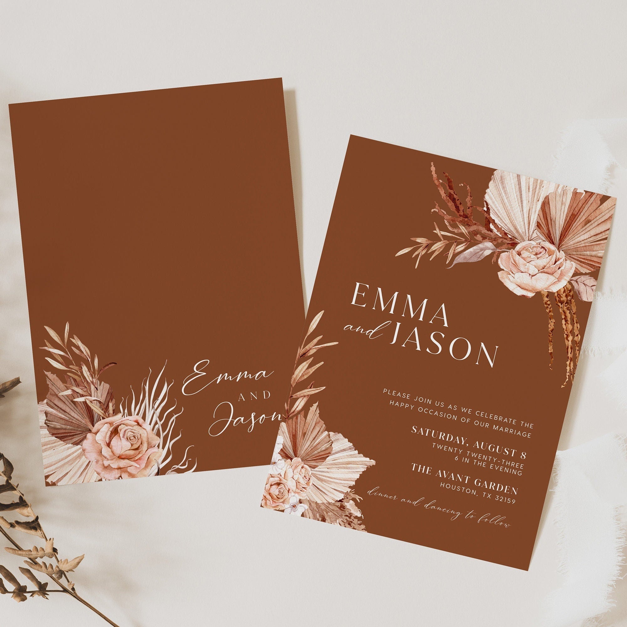 Terracotta Wedding Invitation template, Pampas wedding invitation set - LovelyTemplatesCo