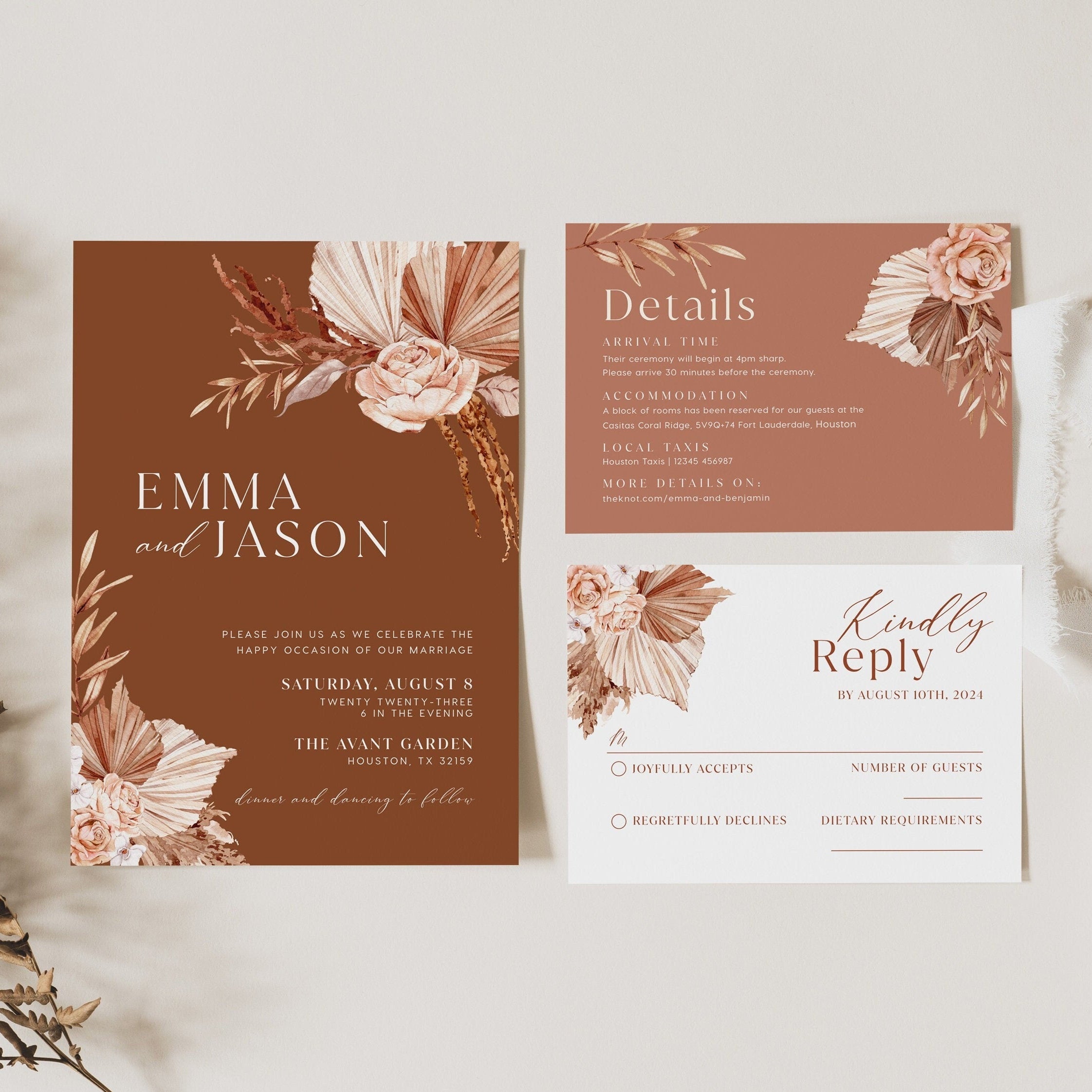 Terracotta Wedding Invitation template, Pampas wedding invitation set - LovelyTemplatesCo