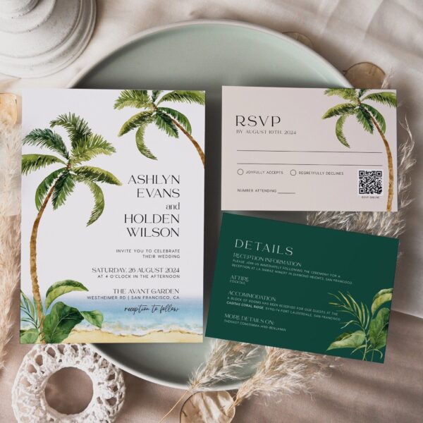 Tropical Beach Wedding invitation, Palm trees and Ocean wedding invitations set - LovelyTemplatesCo