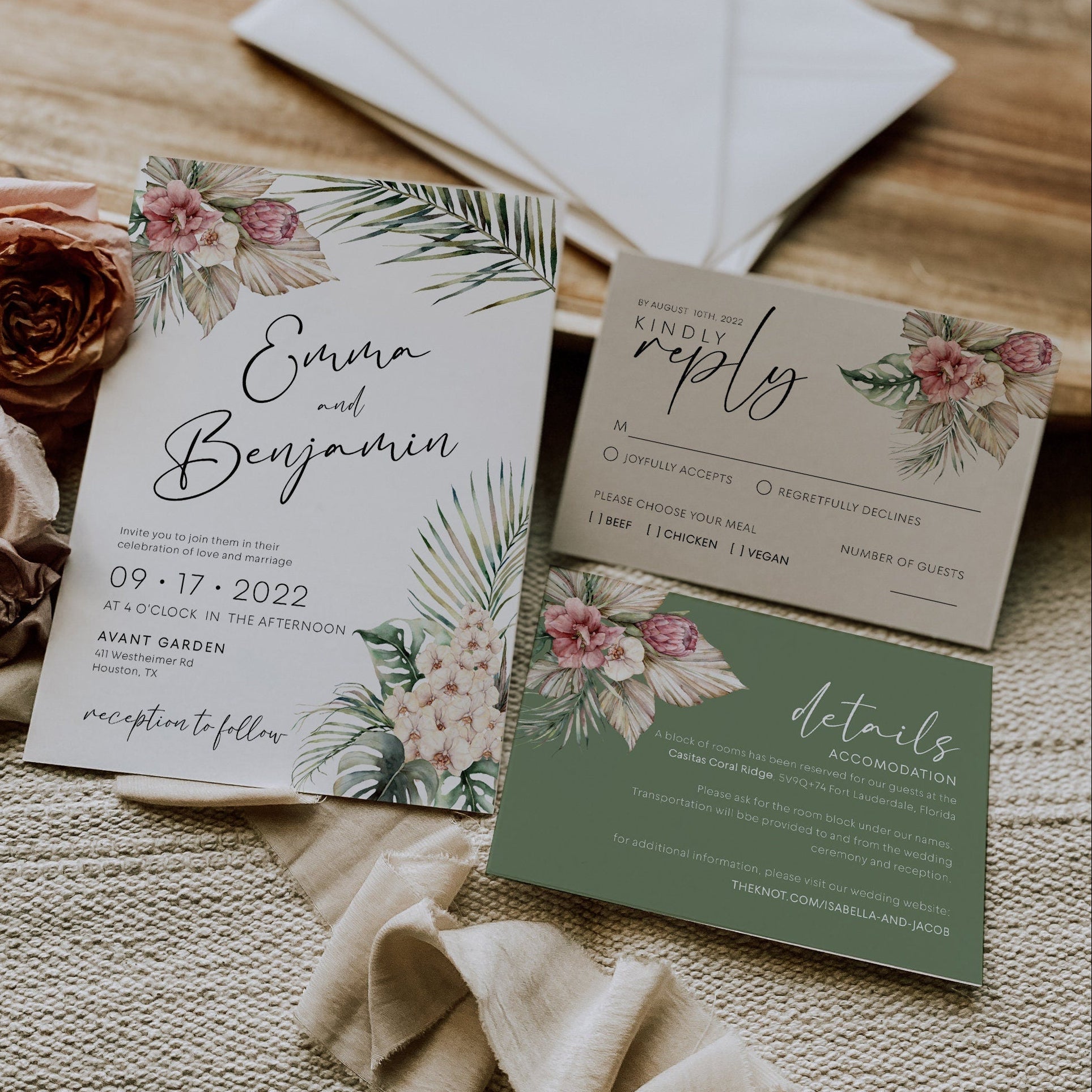 Tropical pampas Wedding invitation, Beach wedding invitation set - LovelyTemplatesCo