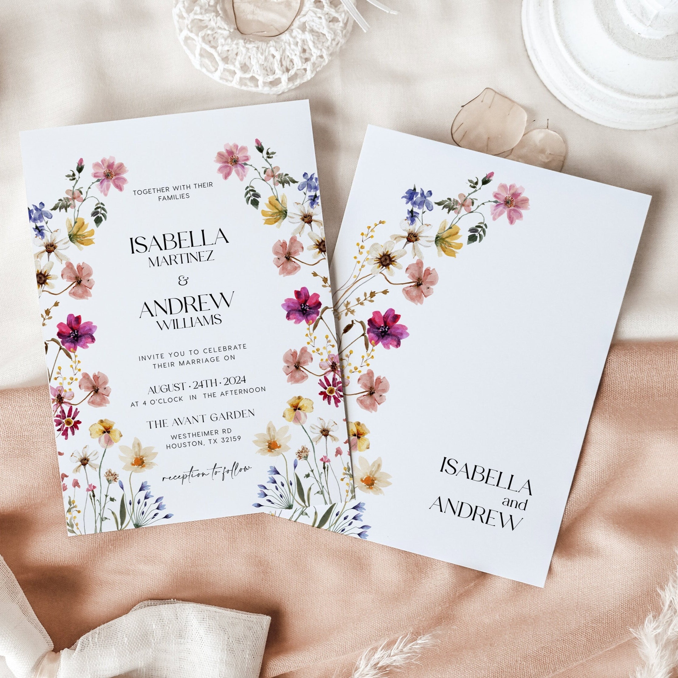 Watercolor Floral Wedding Invitation, Wedding invitation template, Spring Summer wildflower wedding invitation set - LovelyTemplatesCo