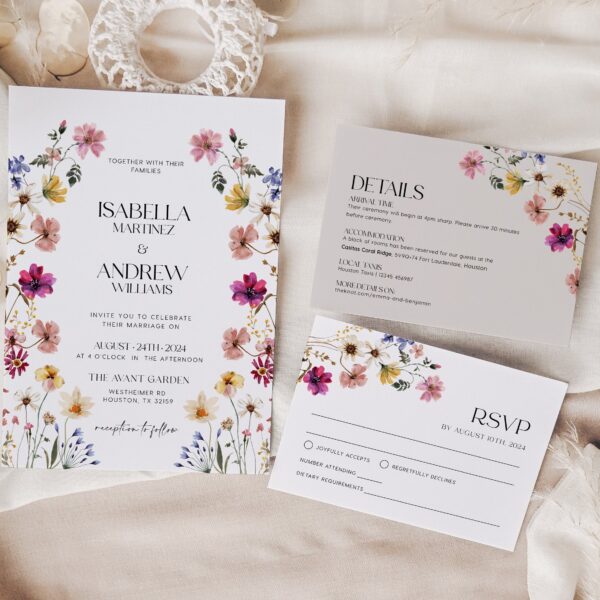 Watercolor Floral Wedding Invitation, Wedding invitation template, Spring Summer wildflower wedding invitation set - LovelyTemplatesCo