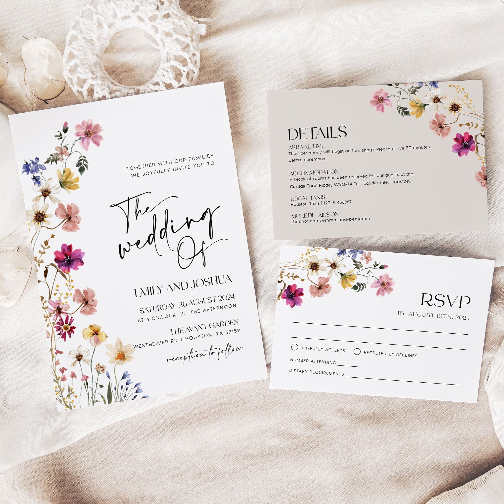 Wedding Invitation template, Floral wedding invitation, Wildflower wedding invitation set - LovelyTemplatesCo