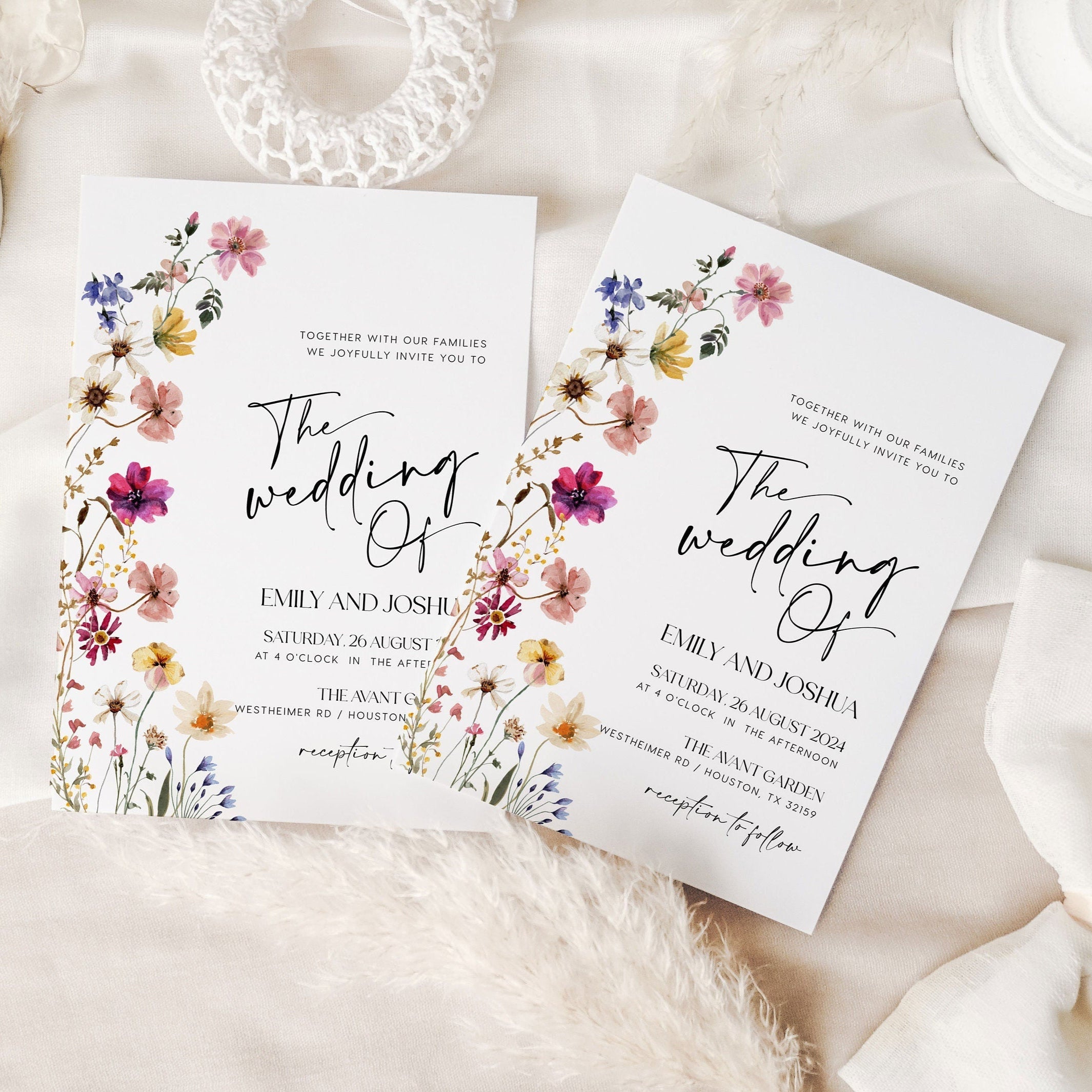 Wedding Invitation template, Floral wedding invitation, Wildflower wedding invitation set - LovelyTemplatesCo