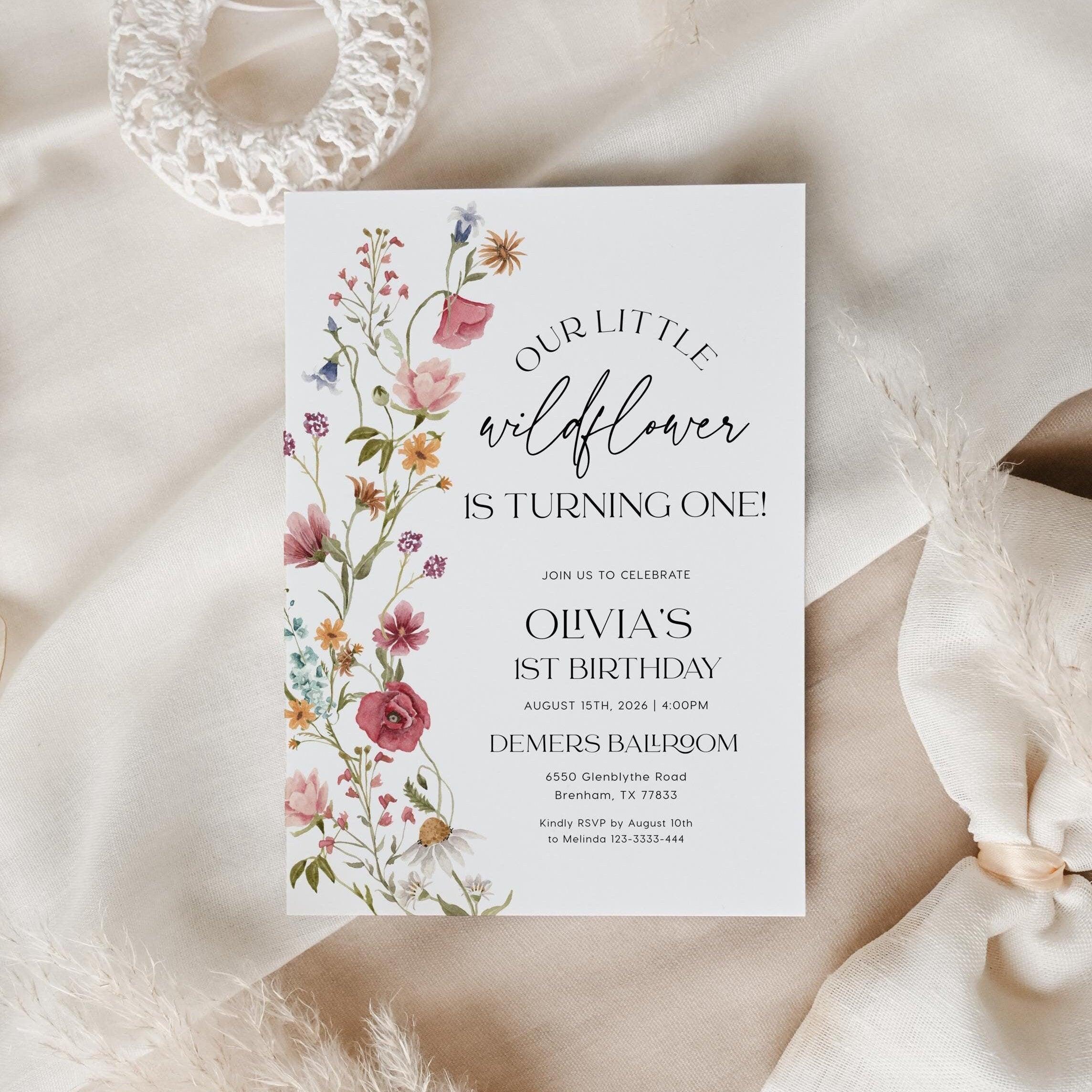 Wildflower 1st Birthday invitation - LovelyTemplatesCo