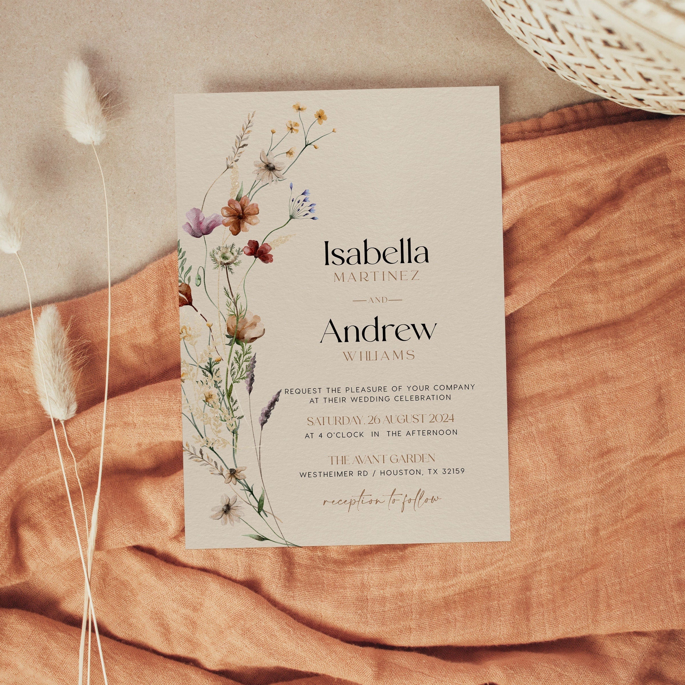 Wildflower Wedding Invitation Set, Beige Wedding invitation set - LovelyTemplatesCo