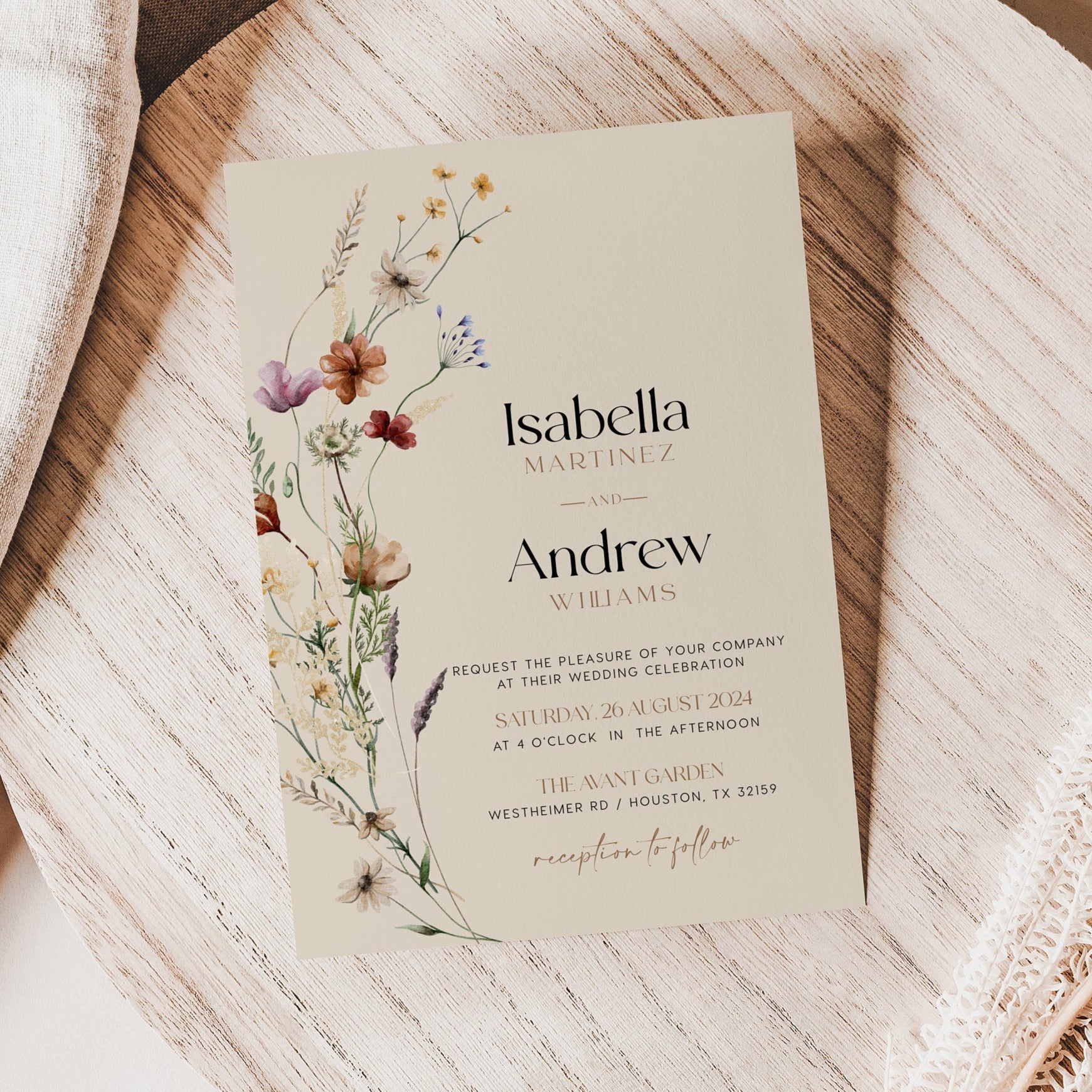 Wildflower Wedding Invitation Set, Beige Wedding invitation set - LovelyTemplatesCo
