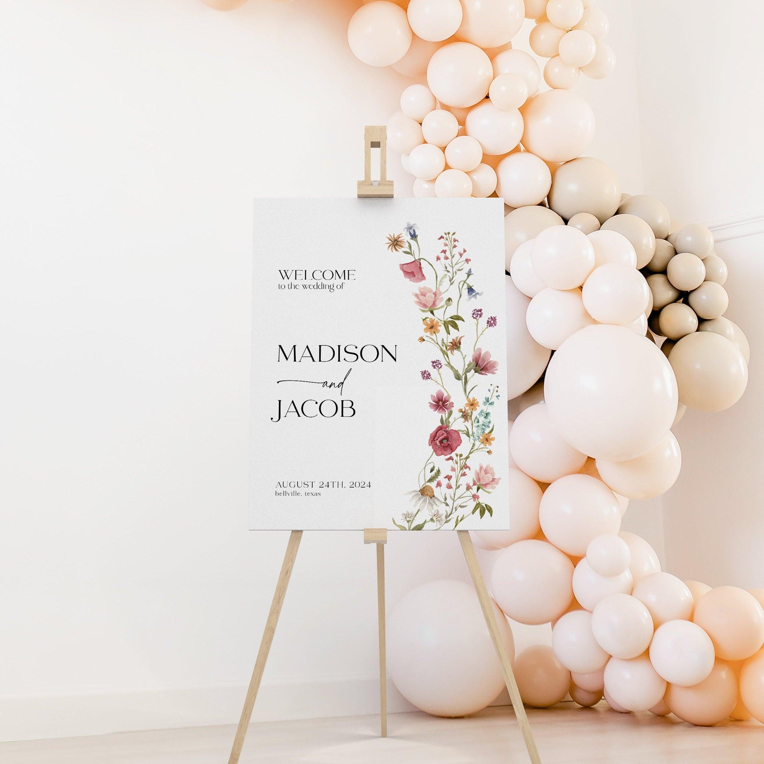 Wildflower wedding welcome sign template displayed for a wedding reception