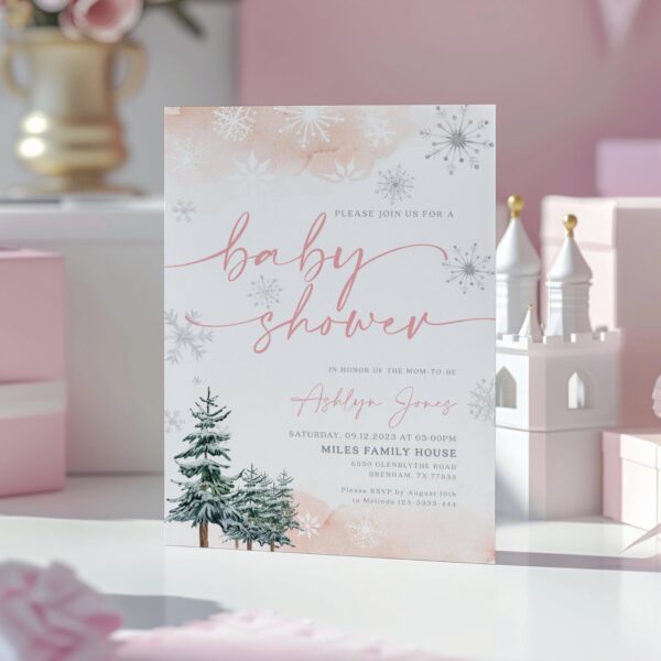 Winter Baby shower invitation, Baby Girl Invitation, Winter Wonderland Baby shower - LovelyTemplatesCo