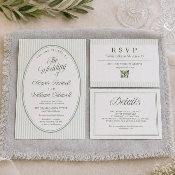 Green Stripes Wedding Invitation Canva Template preview