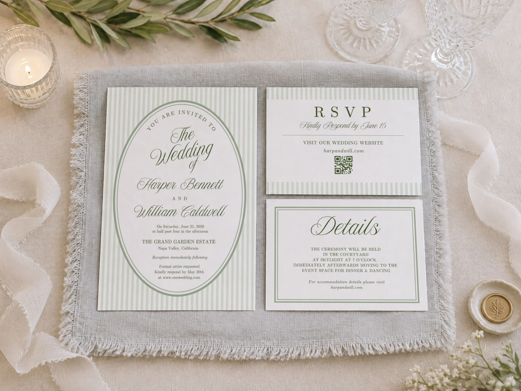 Green Stripes Wedding Invitation Canva Template preview