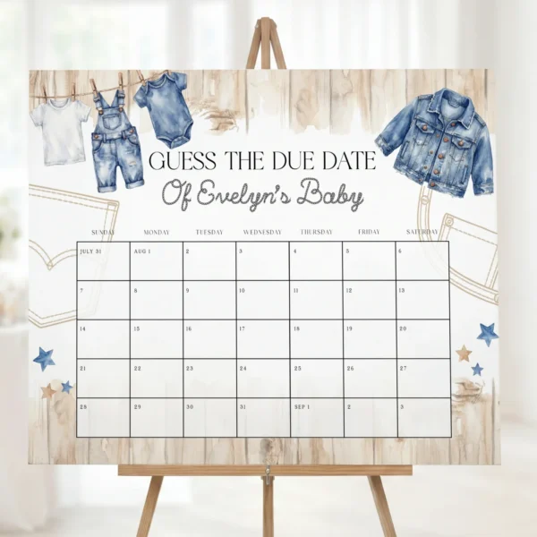 Blue Jean Baby Shower Due Date Sign Canva Template preview