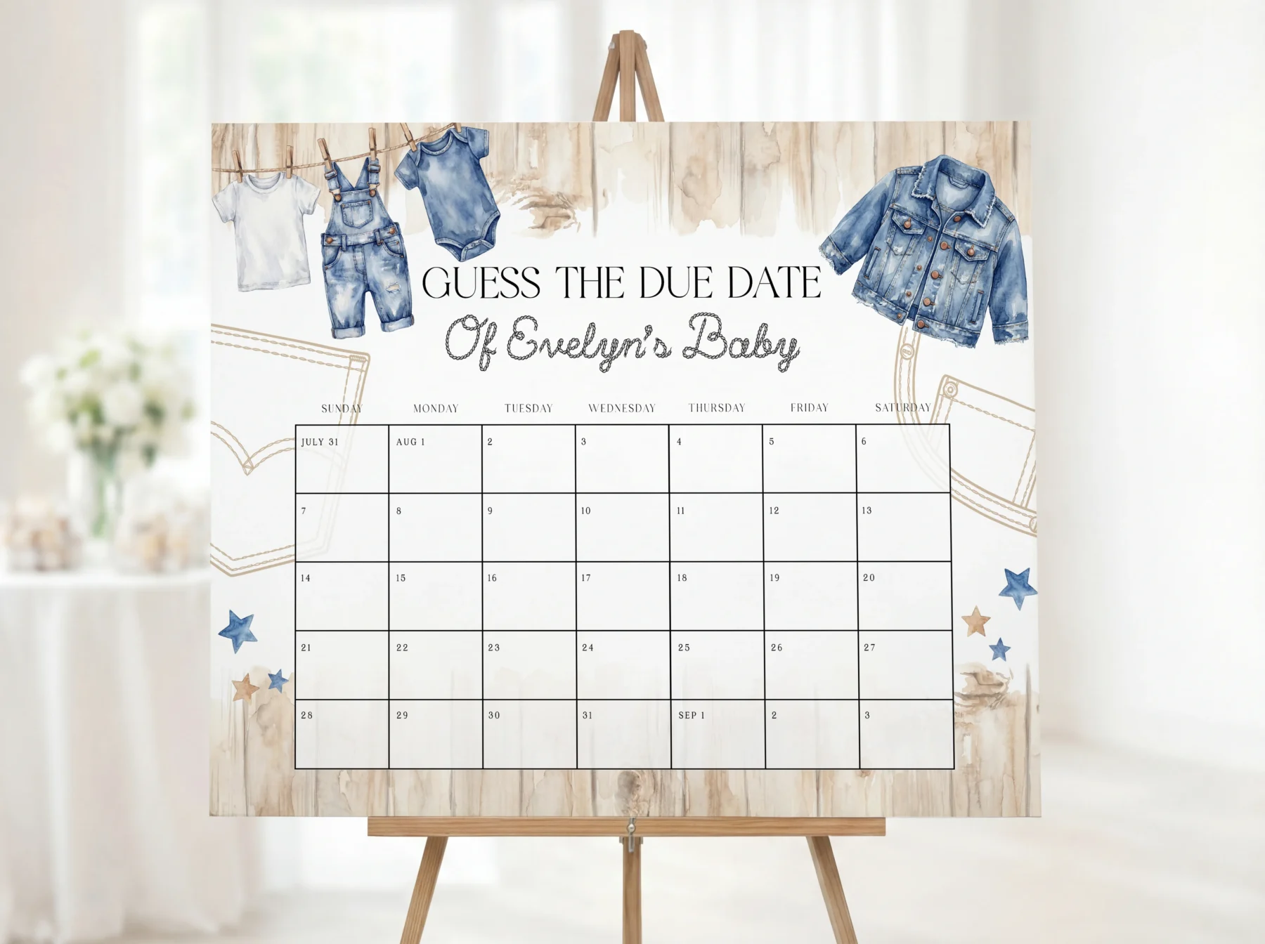 Blue Jean Baby Shower Due Date Sign Canva Template preview