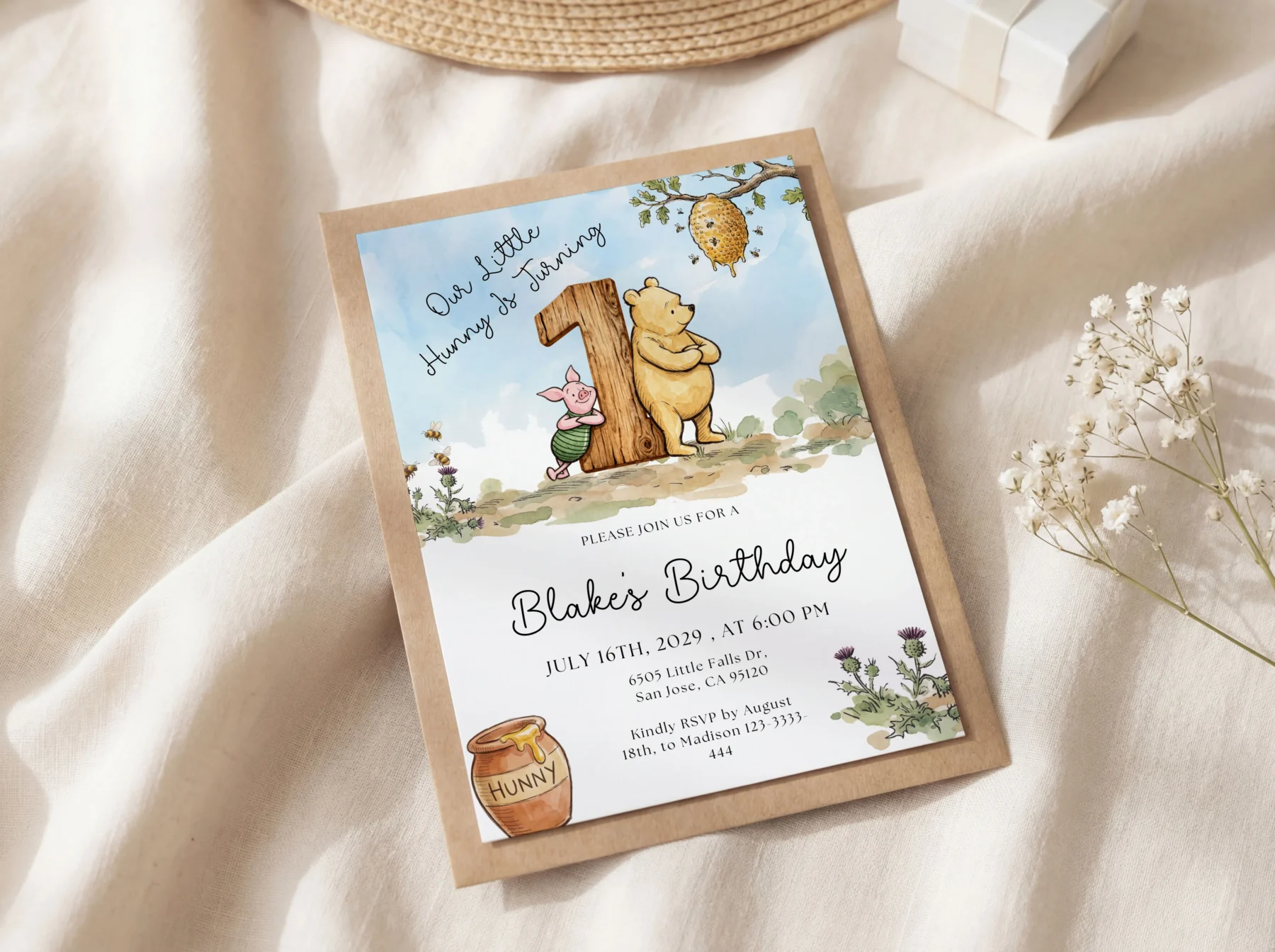 Winnie the Poon Blue Birthday Invitation Canva Template detail 3